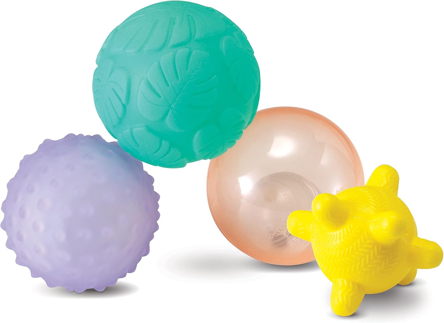 Infantino Activity Ball Set with music and lights, four textured balls in turquoise, purple, peach and yellow