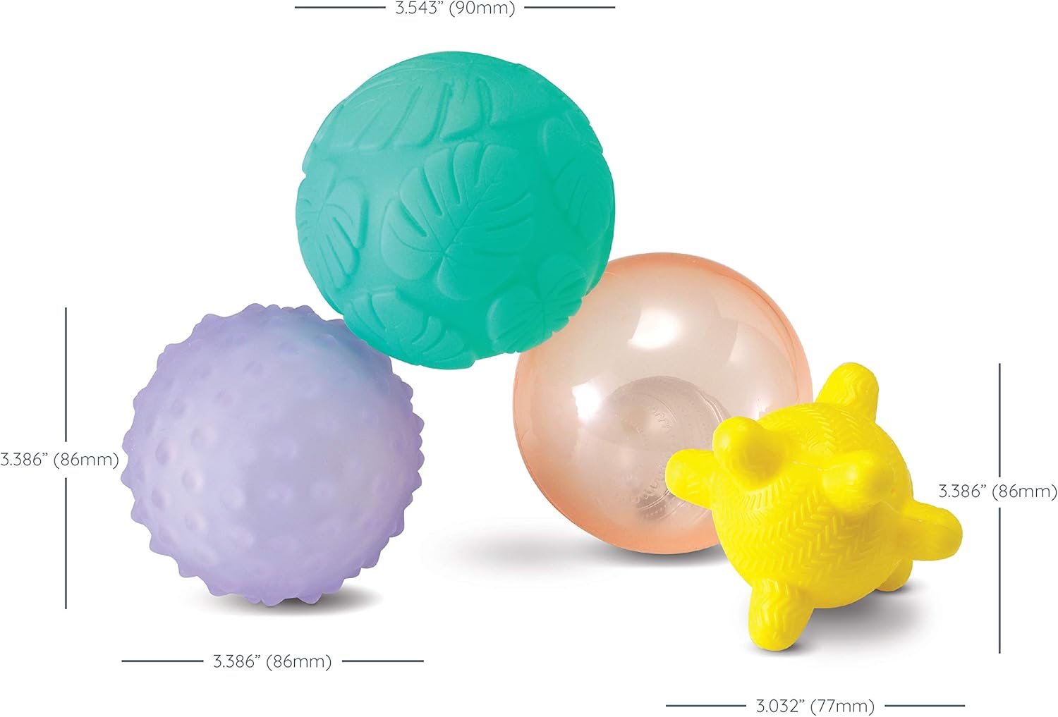 Infantino Activity Ball Set with music and lights, three textured balls in turquoise, purple and peach