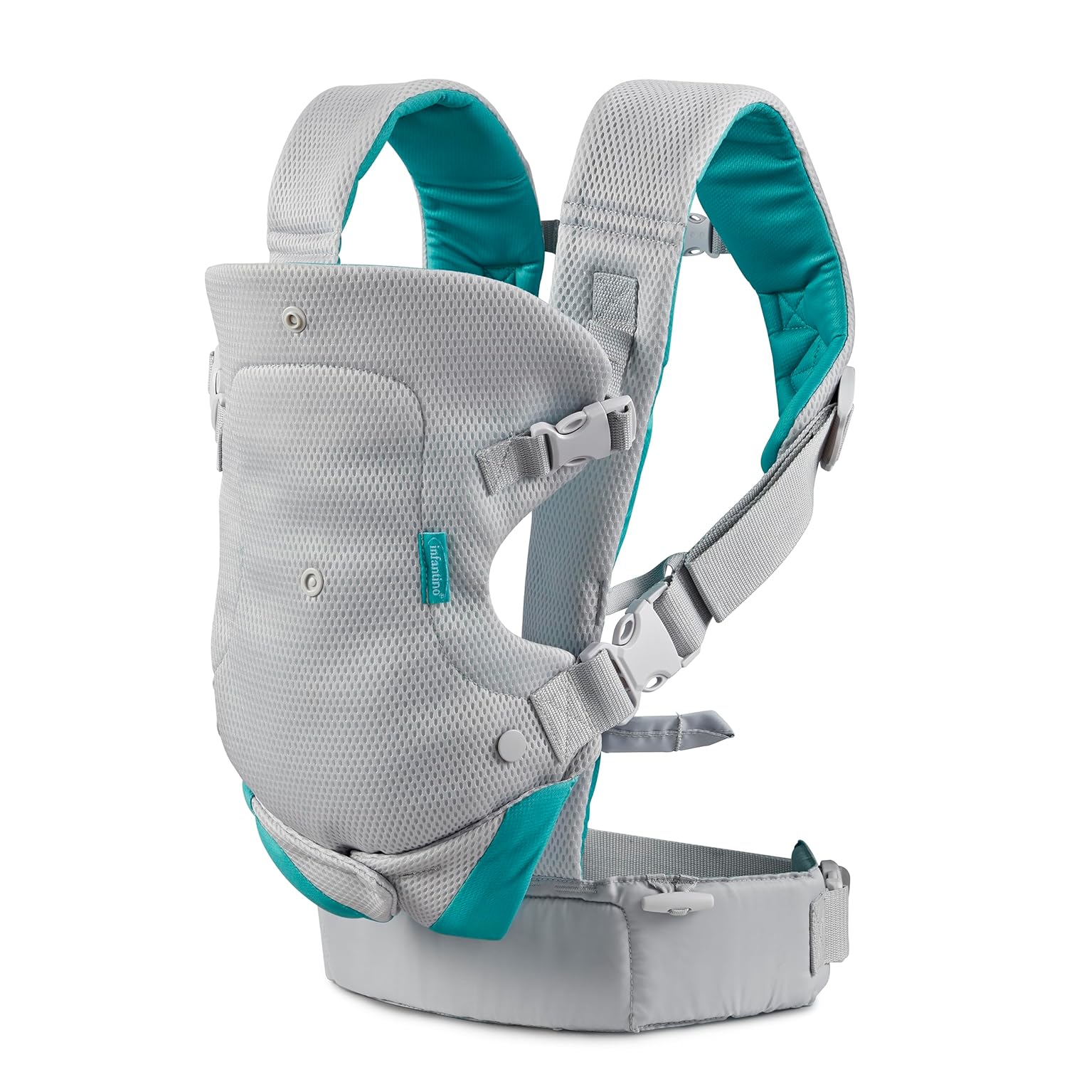 Infantino Flip 4-in-1 convertible baby carrier, grey and teal, front view