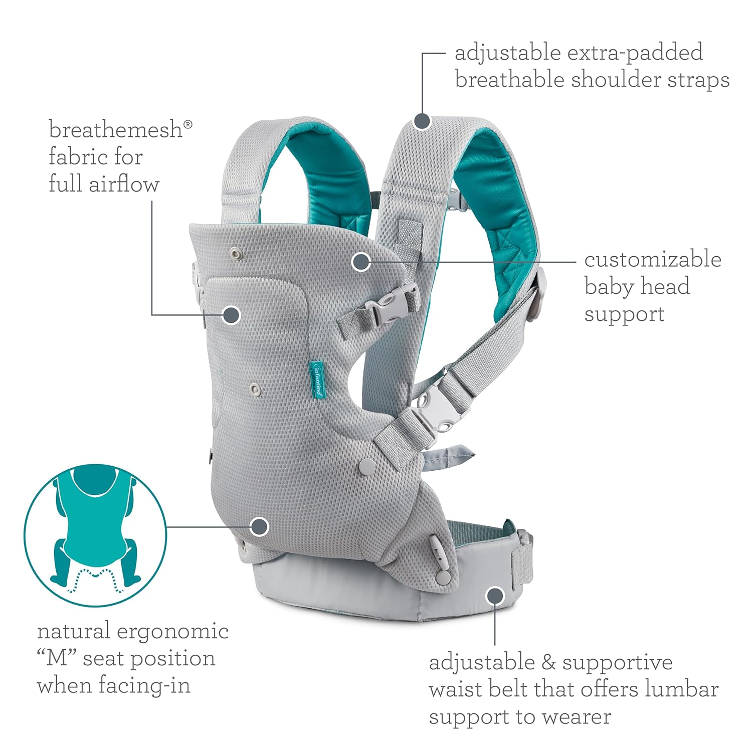 Infantino Flip 4-in-1 convertible baby carrier in grey and teal with breathable straps