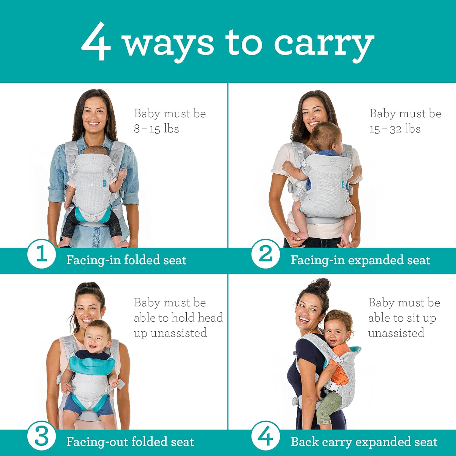 Infantino Flip 4-in-1 convertible baby carrier in light grey with turquoise accents