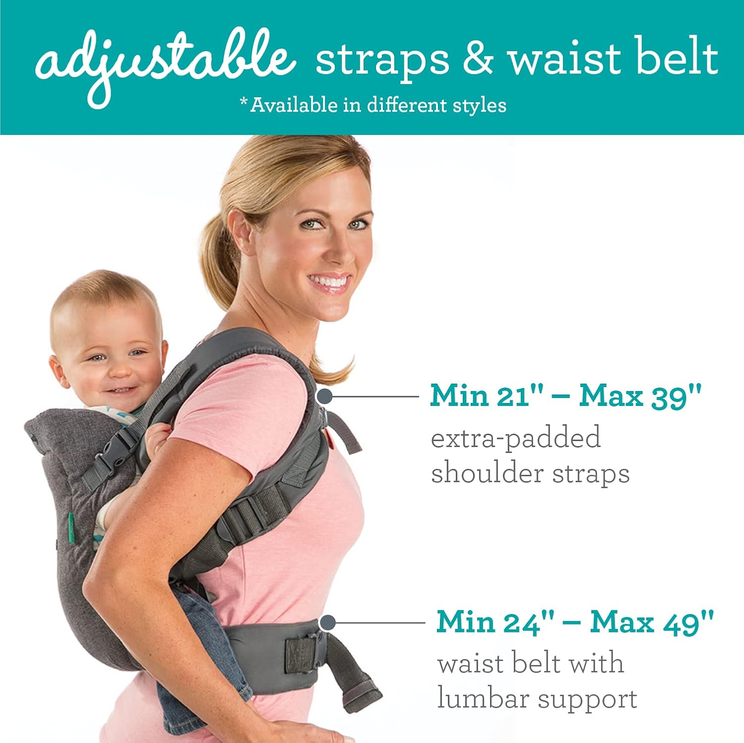 Infantino Flip Advanced 4-in-1 convertible baby carrier with grey fabric and padded straps