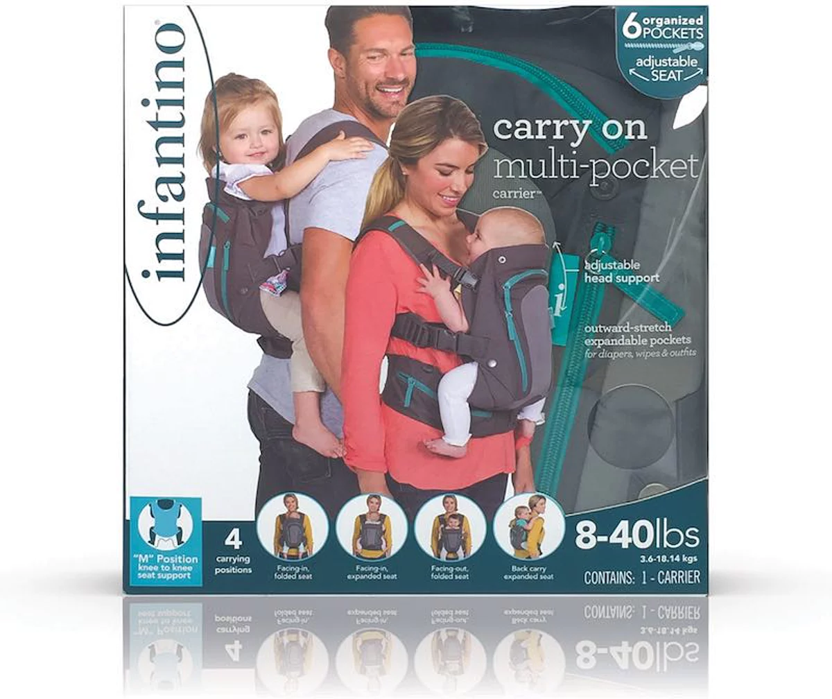 Infantino Carry On multi-pocket baby carrier with six organised pockets, teal and grey, 8-40 lbs capacity