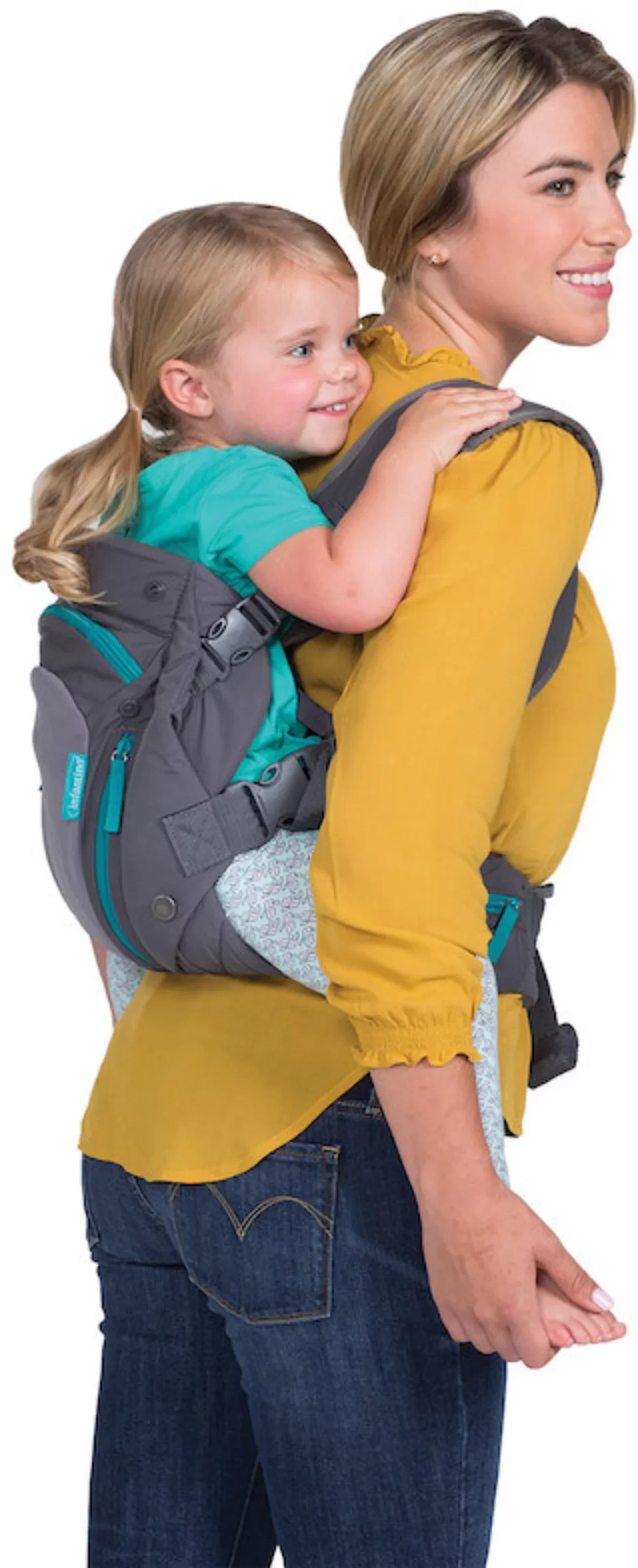 Infantino Carry On grey and teal multi-pocket baby carrier with straps