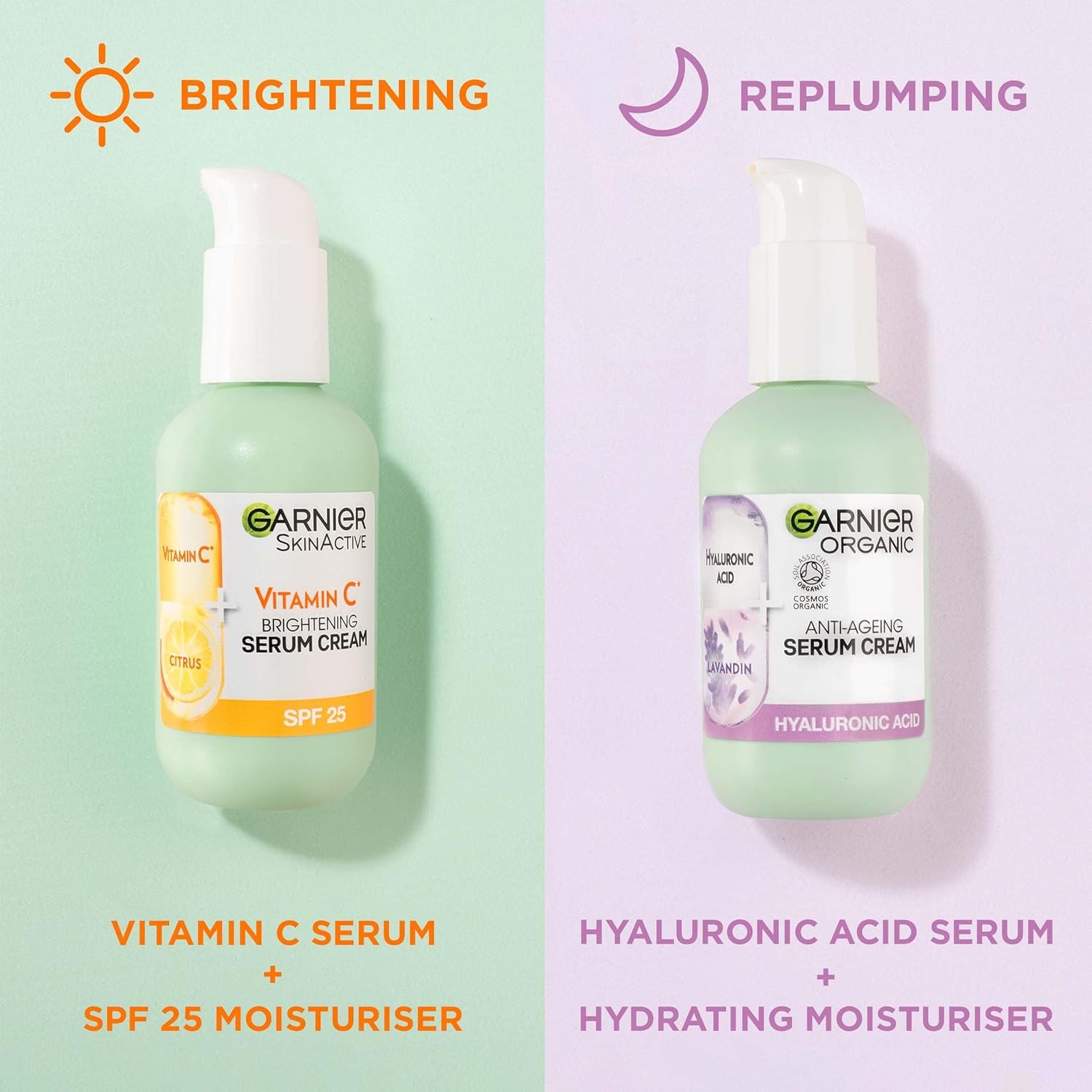 Garnier Organic Lavandin Hyaluronic Acid replumping serum cream 2in1 green bottle