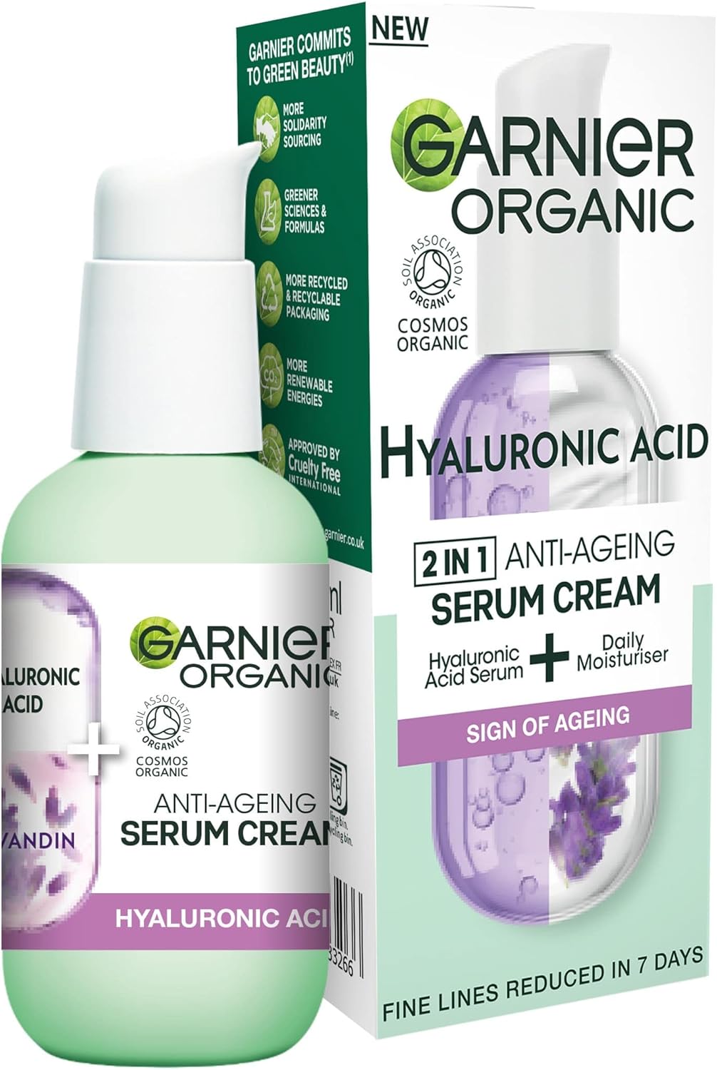 Garnier Organic Lavandin Hyaluronic Acid 2in1 anti-ageing serum cream bottle and box