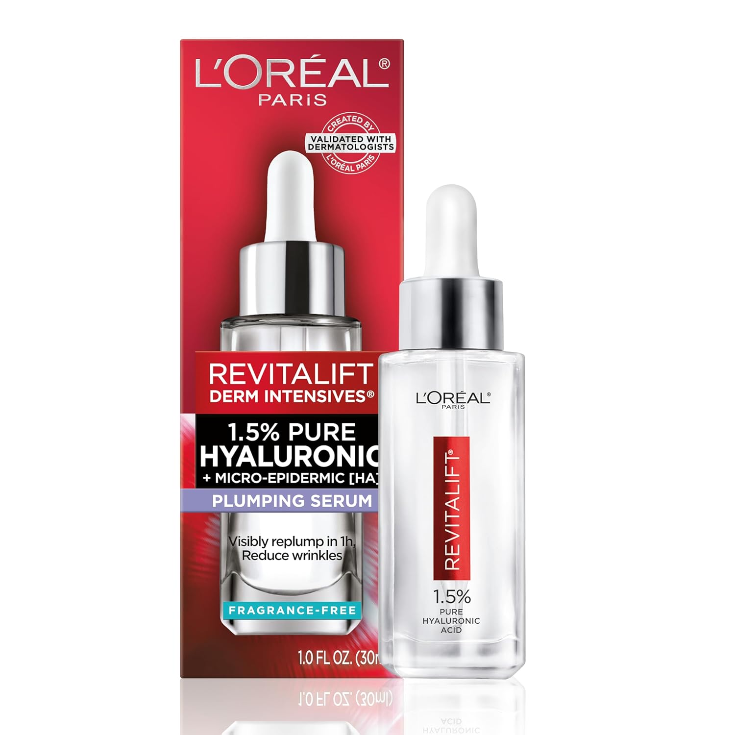 L'Oreal Paris Revitalift Derm Intensives hyaluronic acid plumping serum 30ml bottle with dropper