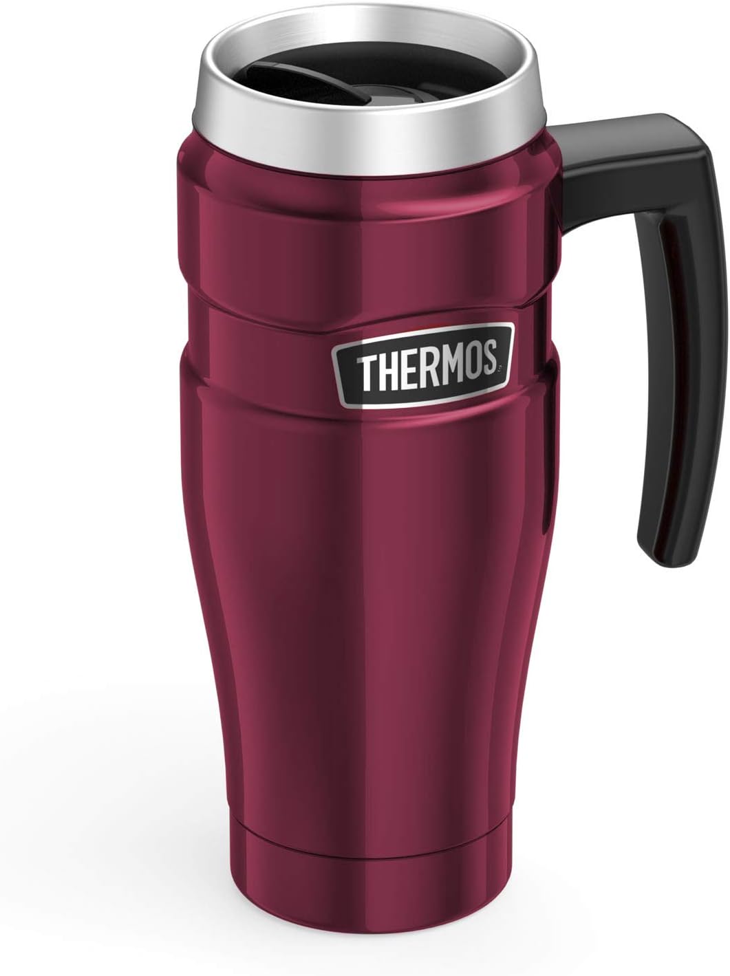 Thermos Stainless King 470ml travel mug in raspberry with black handle