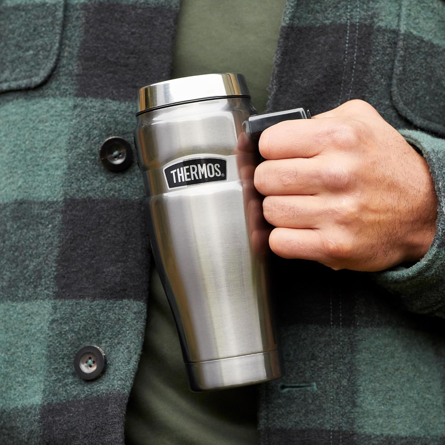 Thermos Stainless King 470ml travel mug with lid in silver finish