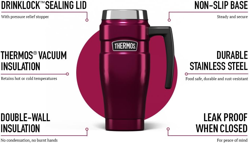 Thermos Stainless King 470ml raspberry travel mug with sealing lid