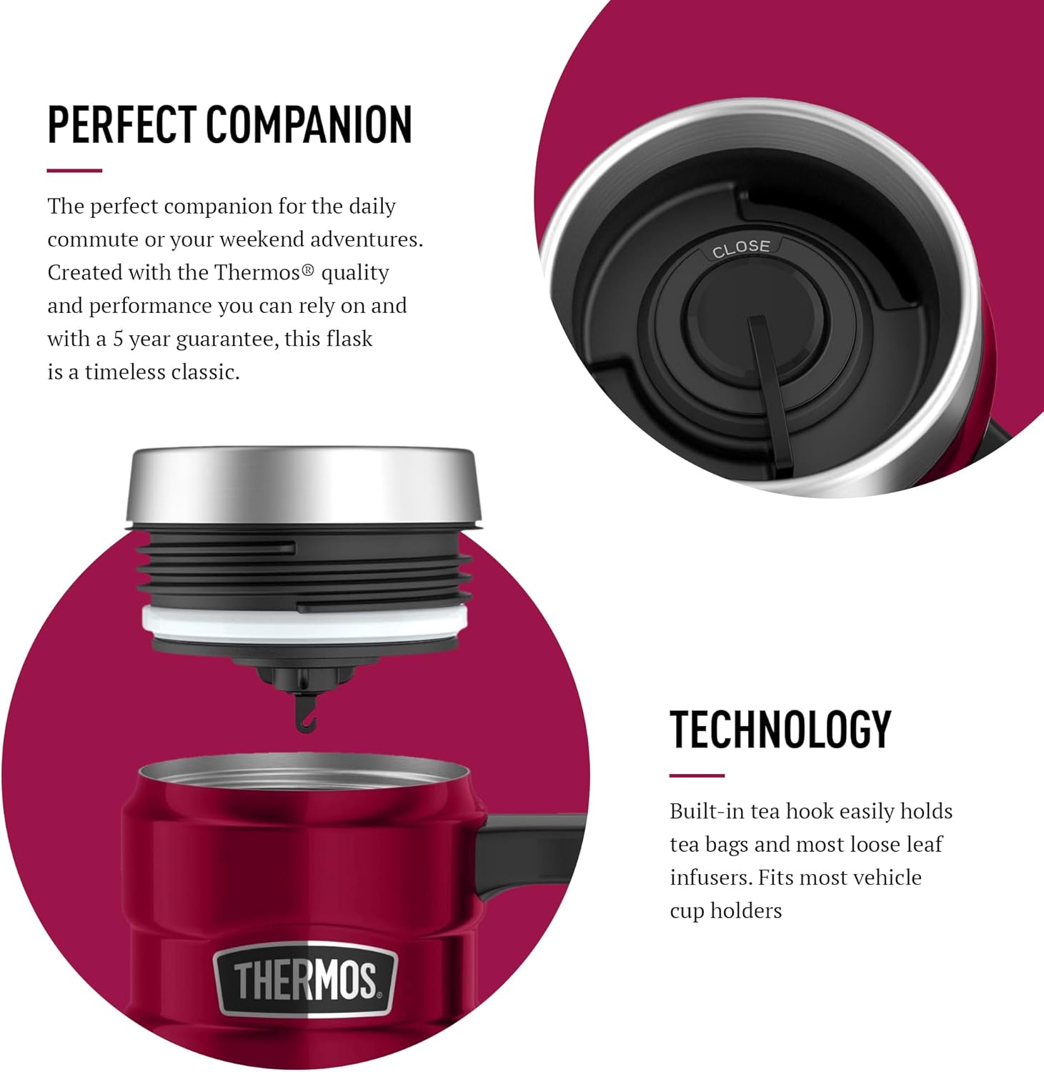Thermos Stainless King 470ml travel mug in raspberry with black lid