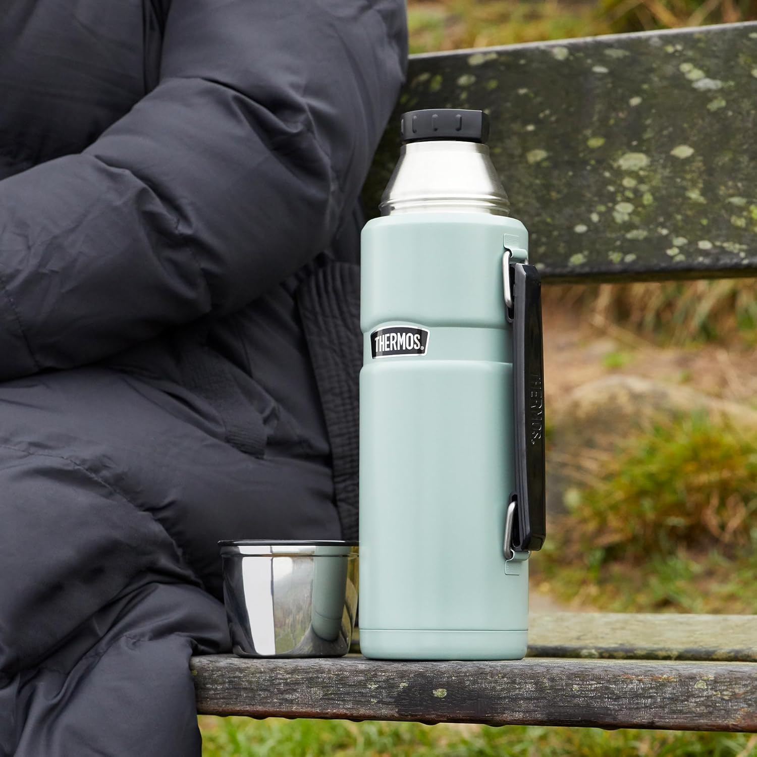 Thermos Stainless King Flask 470ml pale blue insulated bottle with handle