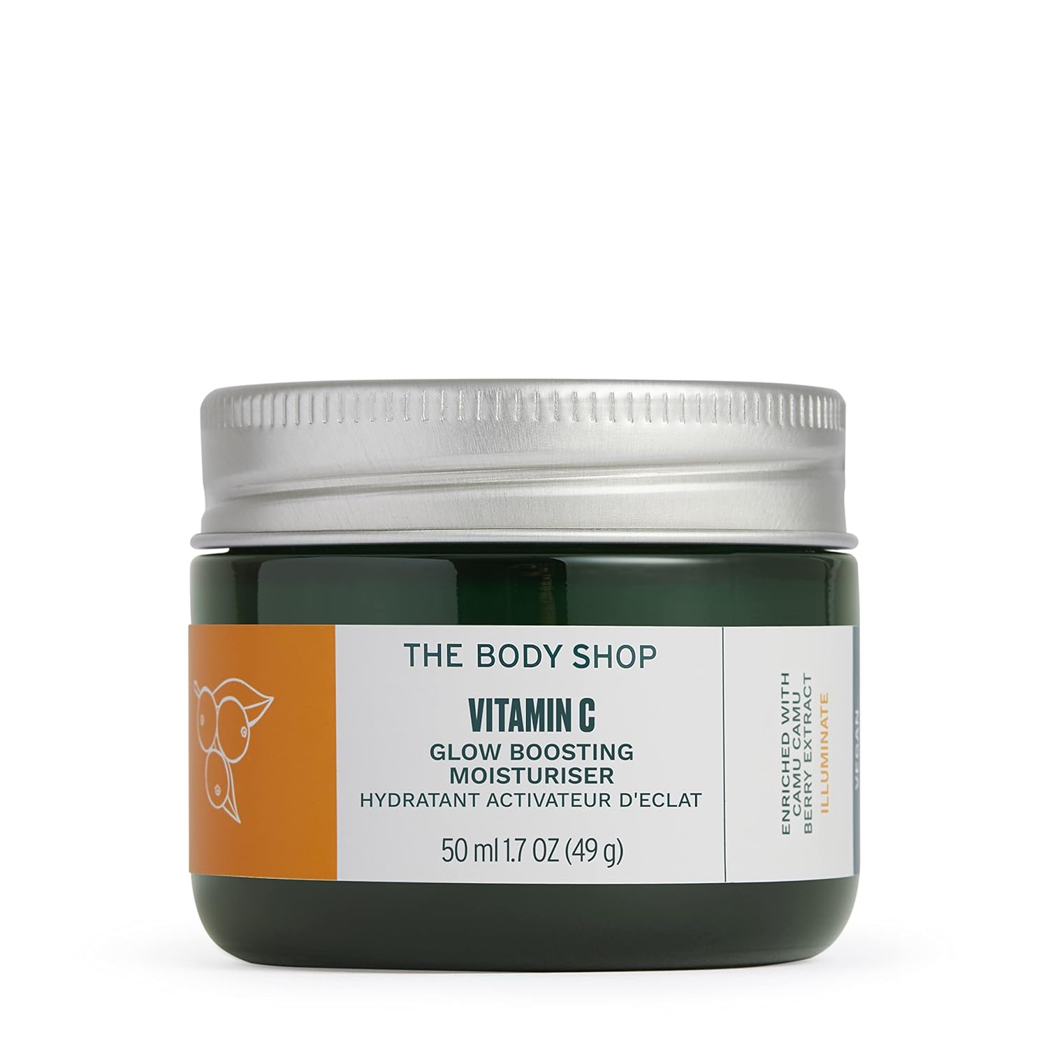 The Body Shop Vitamin C Glow Boosting Moisturiser 50ml jar with silver lid