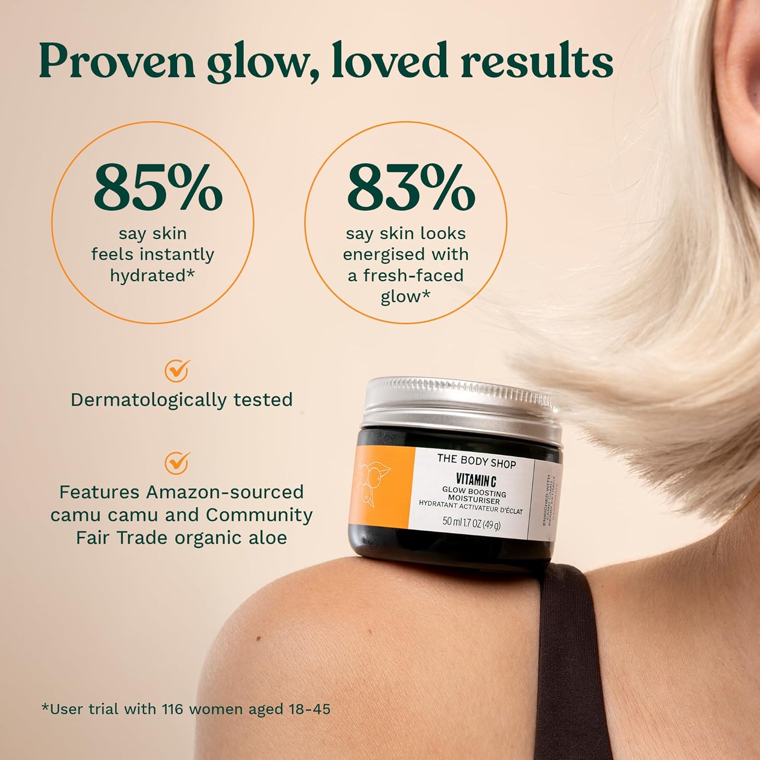 The Body Shop Vitamin C Glow Boosting Moisturiser 50ml jar with orange label