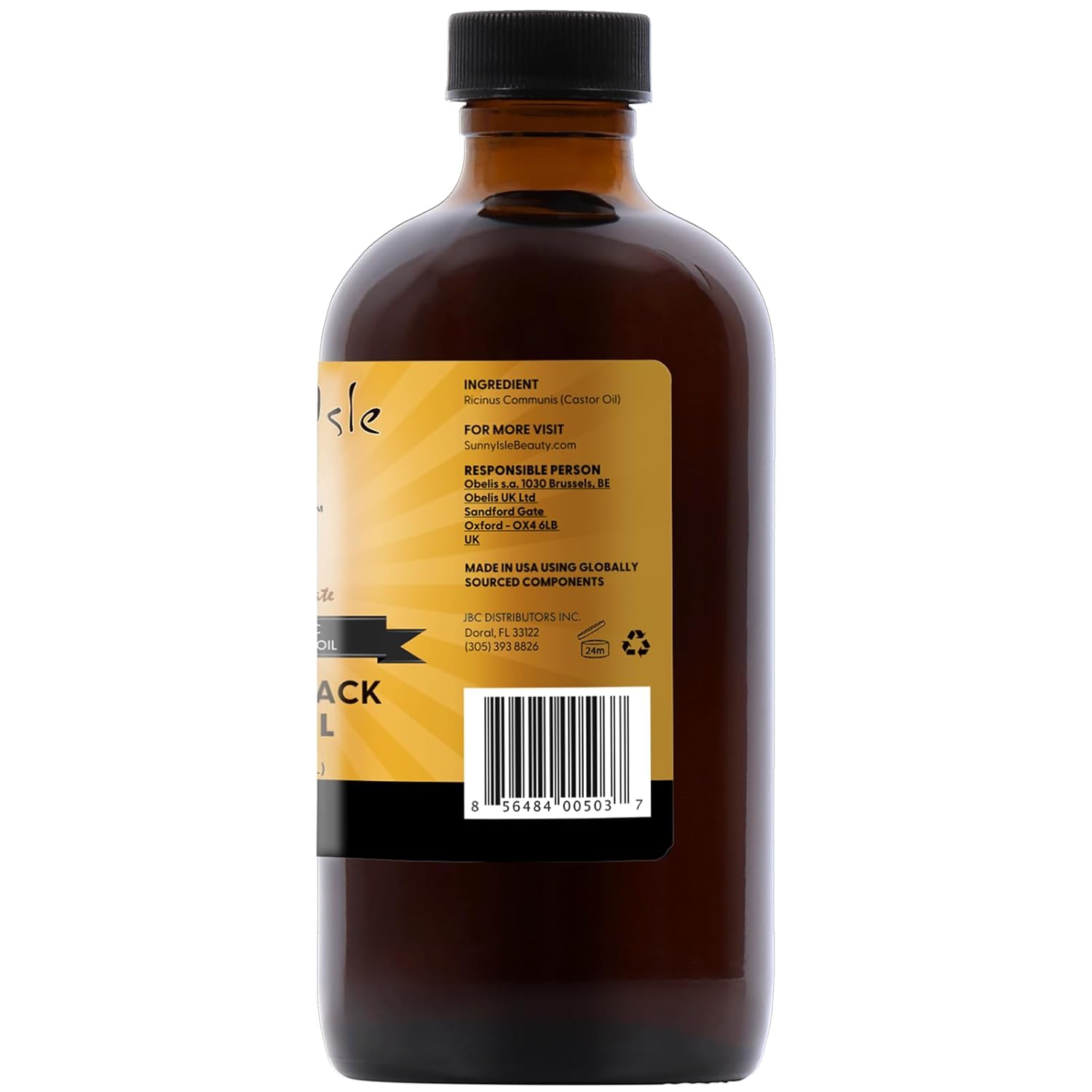 Sunny Isle Original Jamaican Black Castor Oil, 8 fl oz amber bottle with black cap