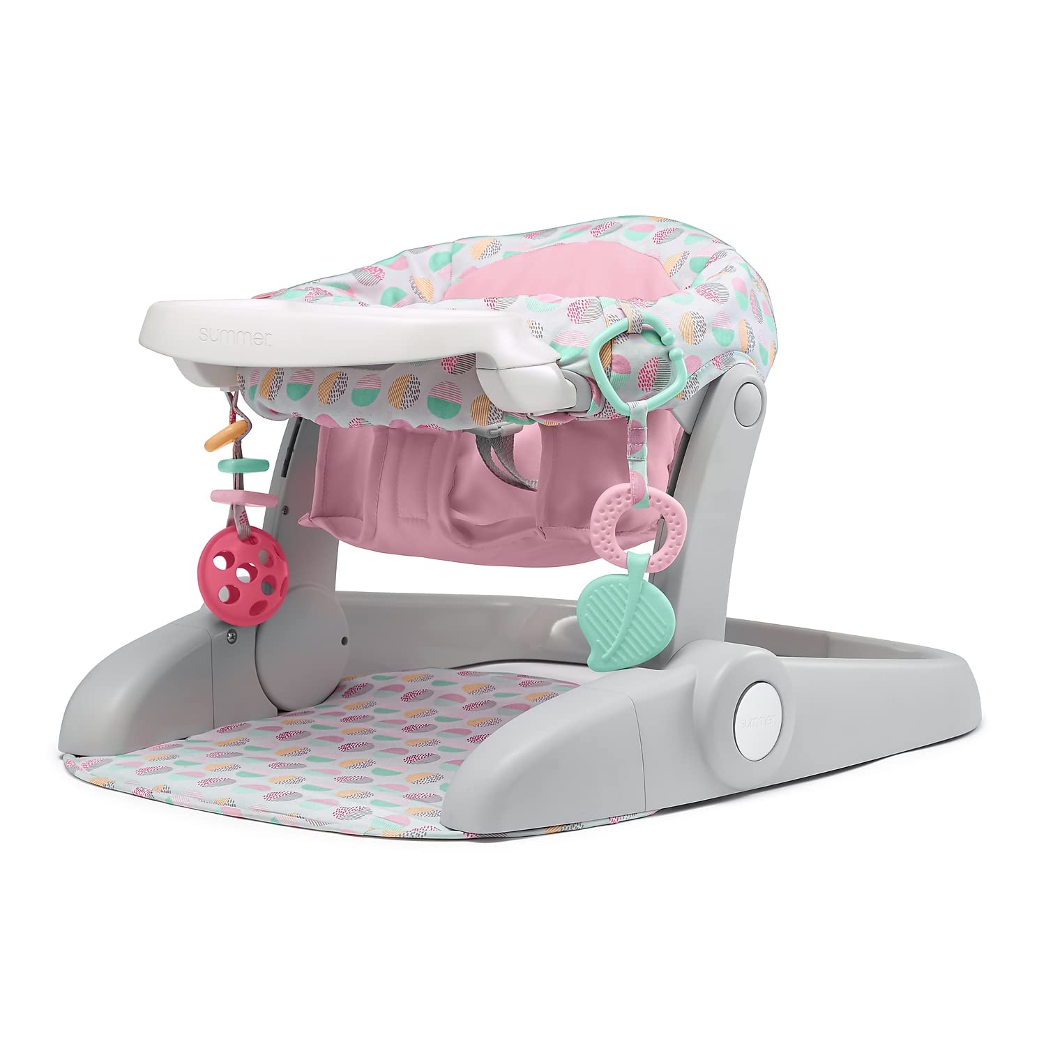 Summer Infant Learn-to-Sit Stage 3 floor seat with pink and white fabric and attached toys