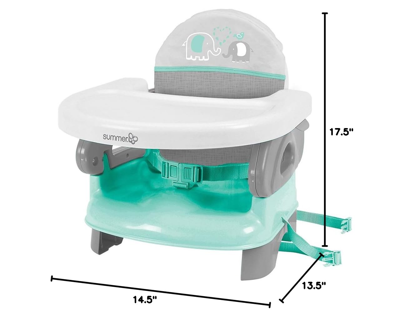 Summer Infant Deluxe Comfort folding booster seat in turquoise and grey with elephant design
