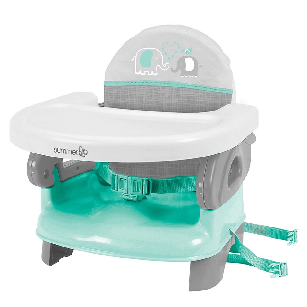Summer Infant Deluxe Comfort folding booster seat with tray, turquoise and grey