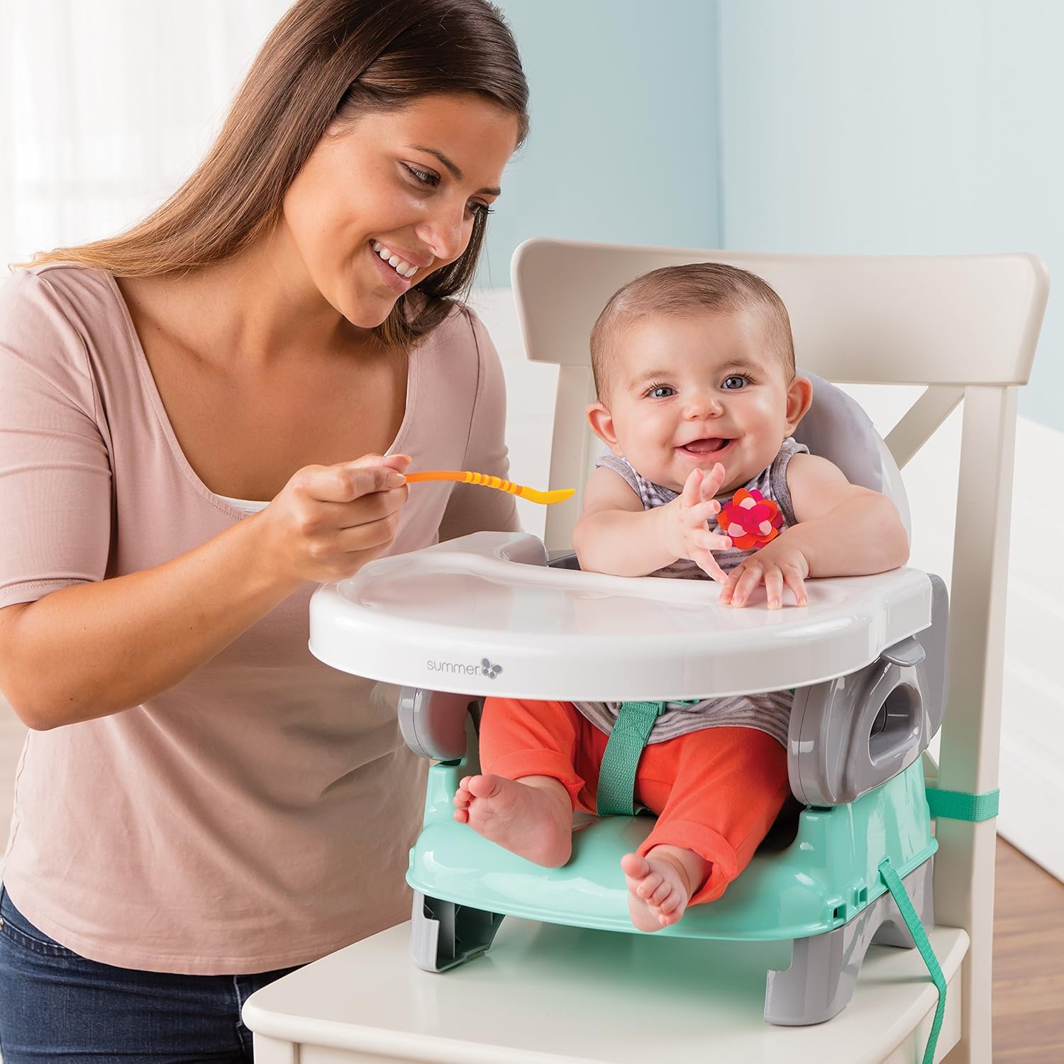 Summer Infant Deluxe Comfort Folding Booster Seat in mint green and white