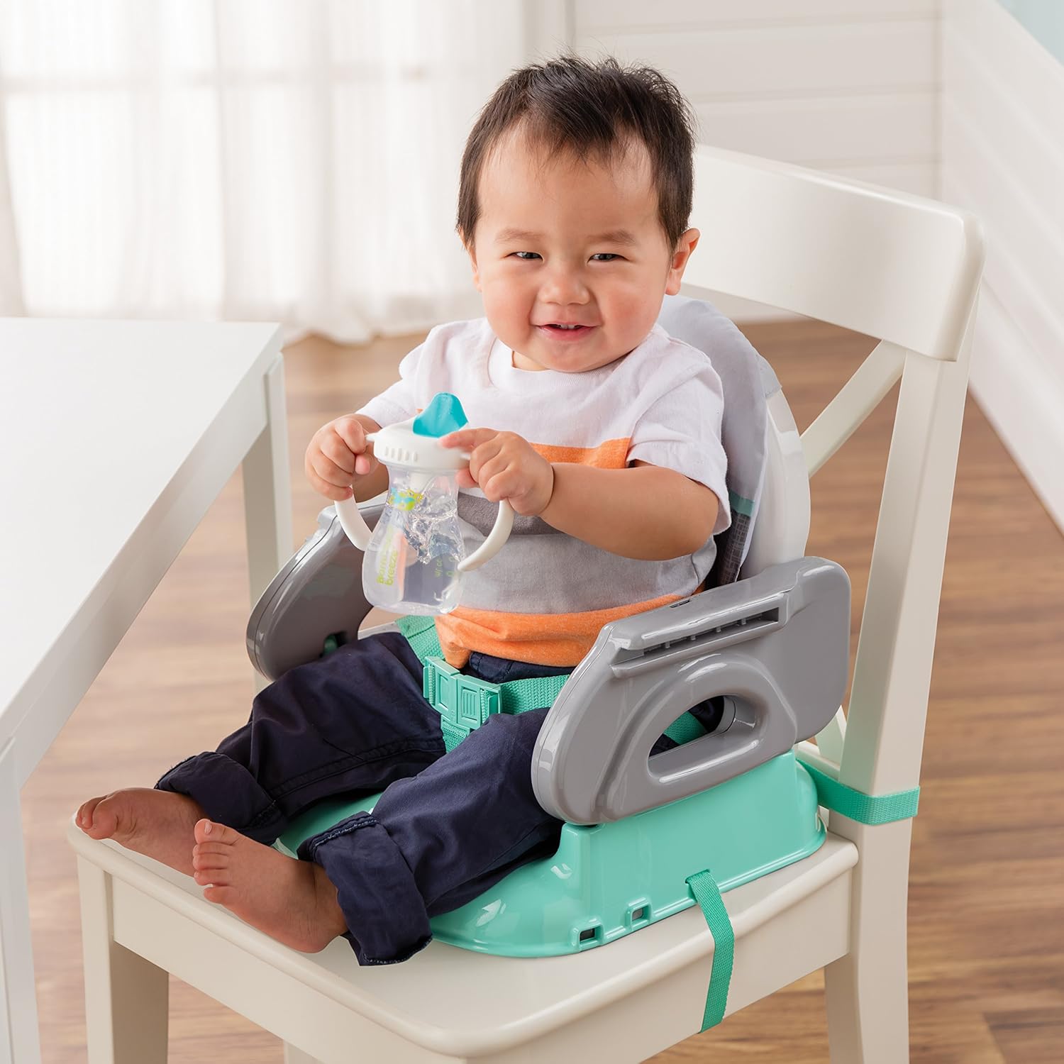 Summer Infant Deluxe Comfort Folding Booster Seat, turquoise and grey, portable chair seat with tray