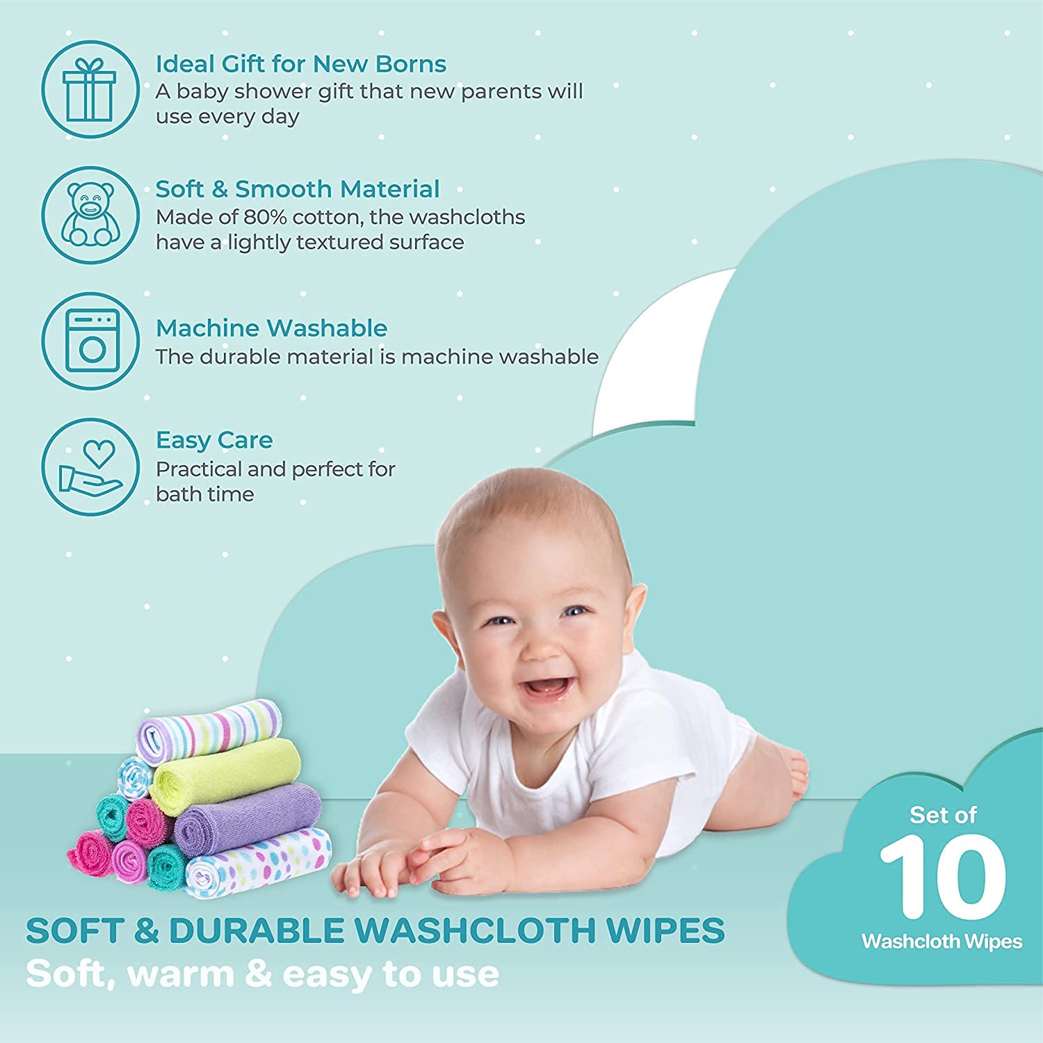Spasilk washcloth wipes set of 10 for newborns and infants, multicoloured