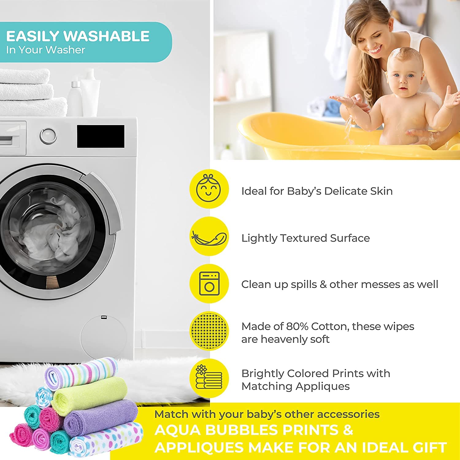 Spasilk washcloth wipes set for newborns, pack of 10, multicoloured prints with appliques