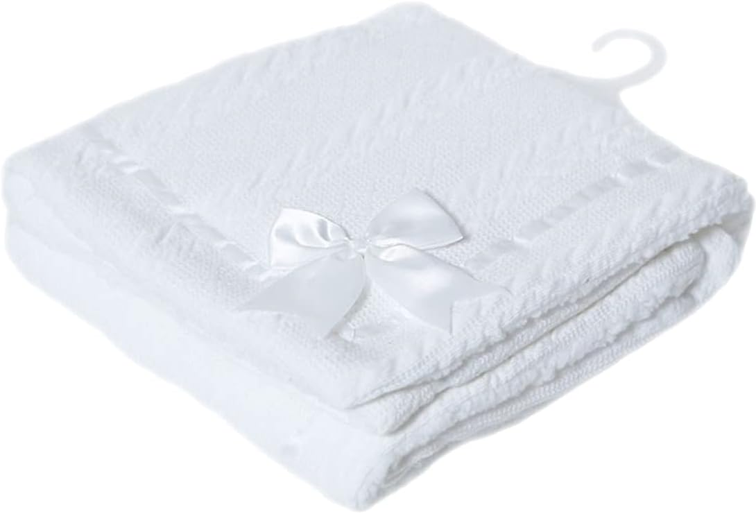 Soft Touch white chevron knit baby wrap with ribbon bow