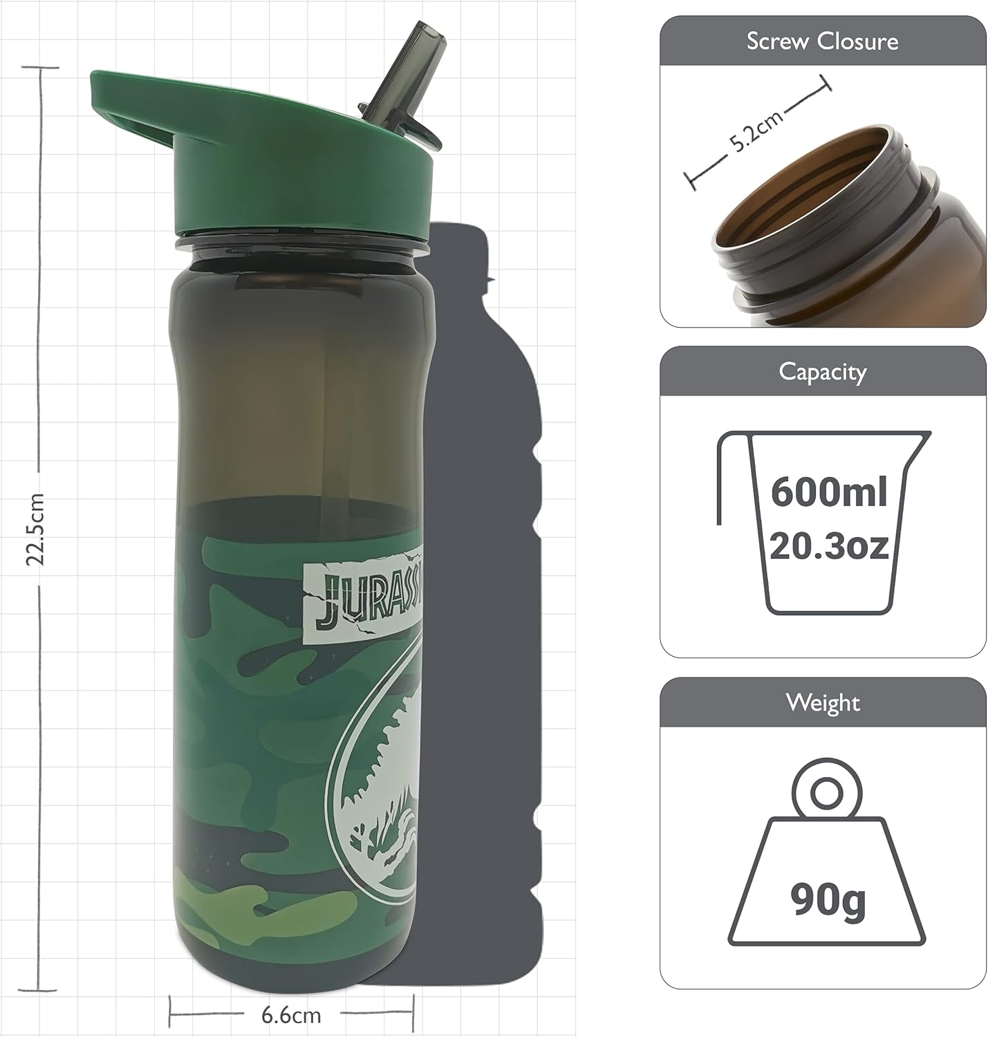 Polar Gear Jurassic World Camo green 600ml sports bottle with screw closure