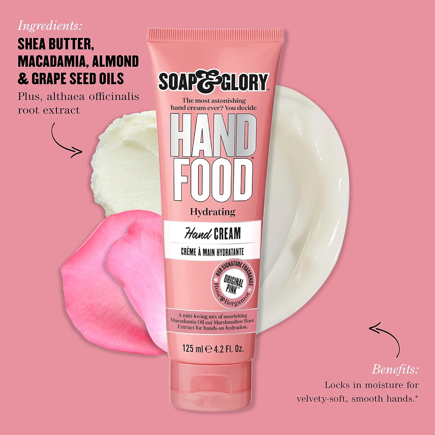 Soap & Glory Hand Food hydrating hand cream 125ml tube on pink background