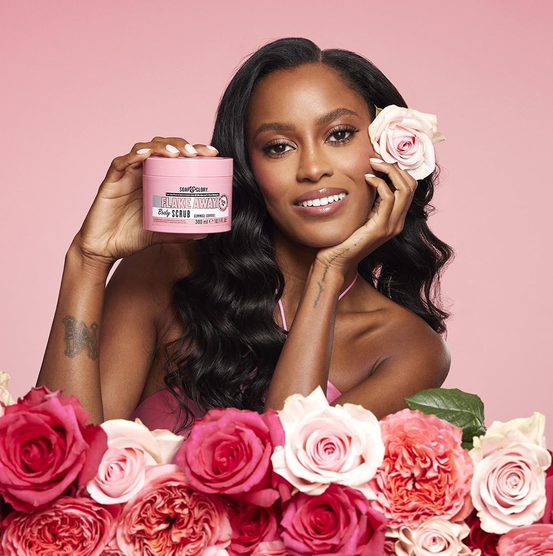 Soap & Glory Flake Away Body Scrub 300ml pink jar exfoliating product
