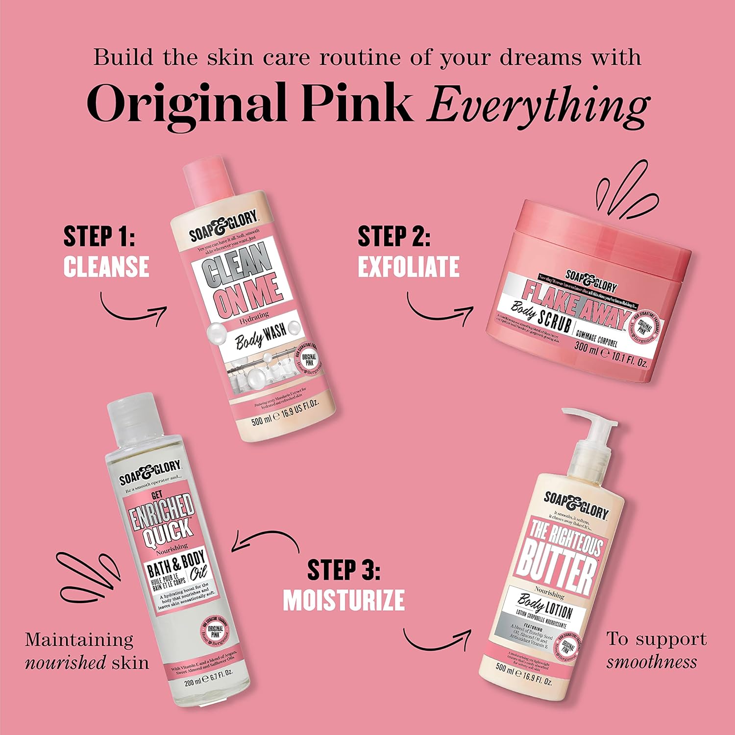 Soap & Glory Flake Away Body Scrub 300ml pink jar exfoliator