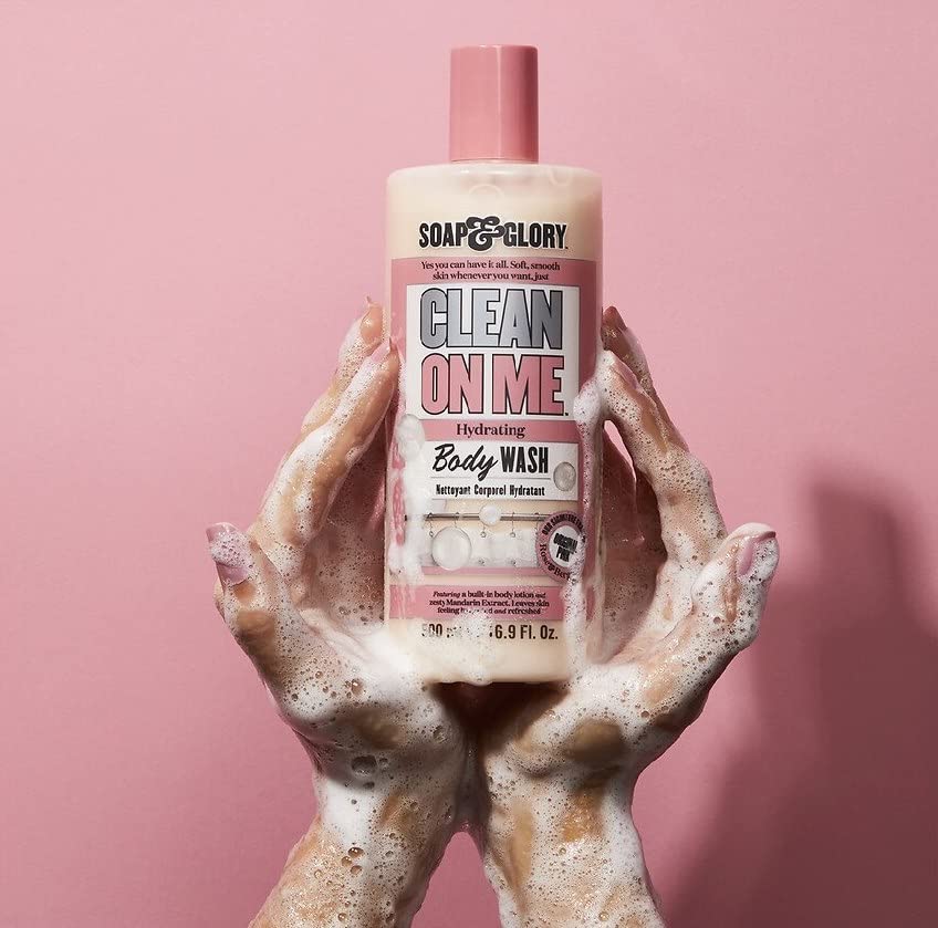 Soap & Glory Clean On Me hydrating body wash 500ml bottle with pink cap