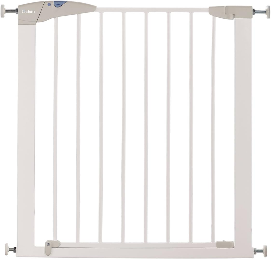 Lindam Sure Shut white metal pressure-fit safety gate with grey handle