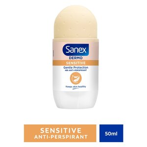 Sanex Dermo Sensitive roll-on antiperspirant deodorant 50ml white bottle