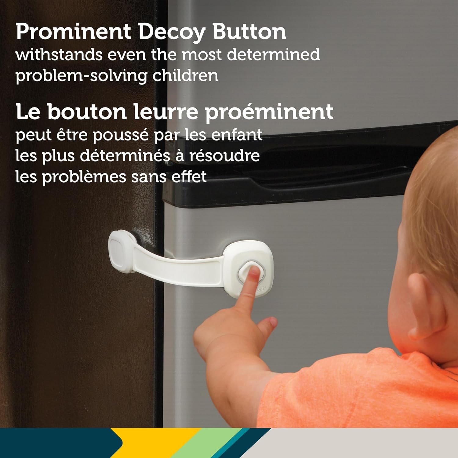 Safety 1st OutSmart Multi-Use Lock white with red decoy button on cabinet door