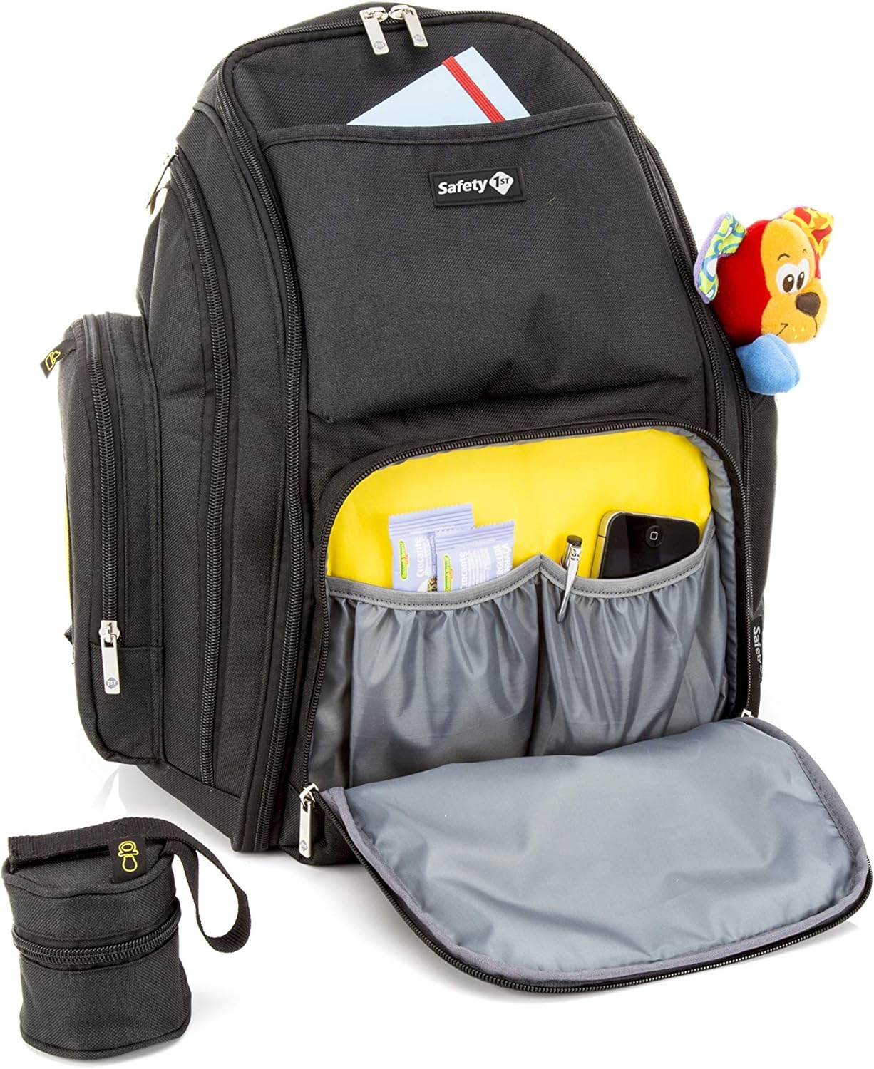 Safety 1st black backpack changer with multiple compartments and bottle holder