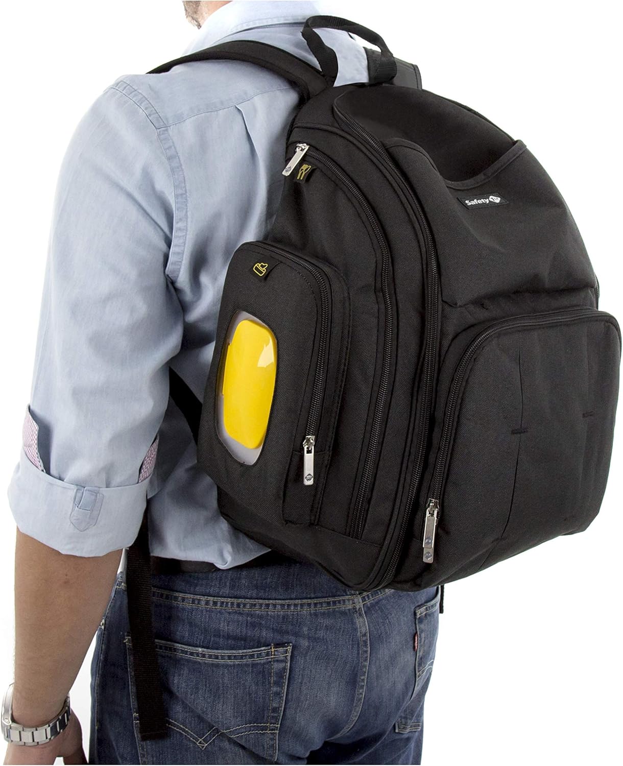 Safety 1st black backpack changer with yellow pocket detail