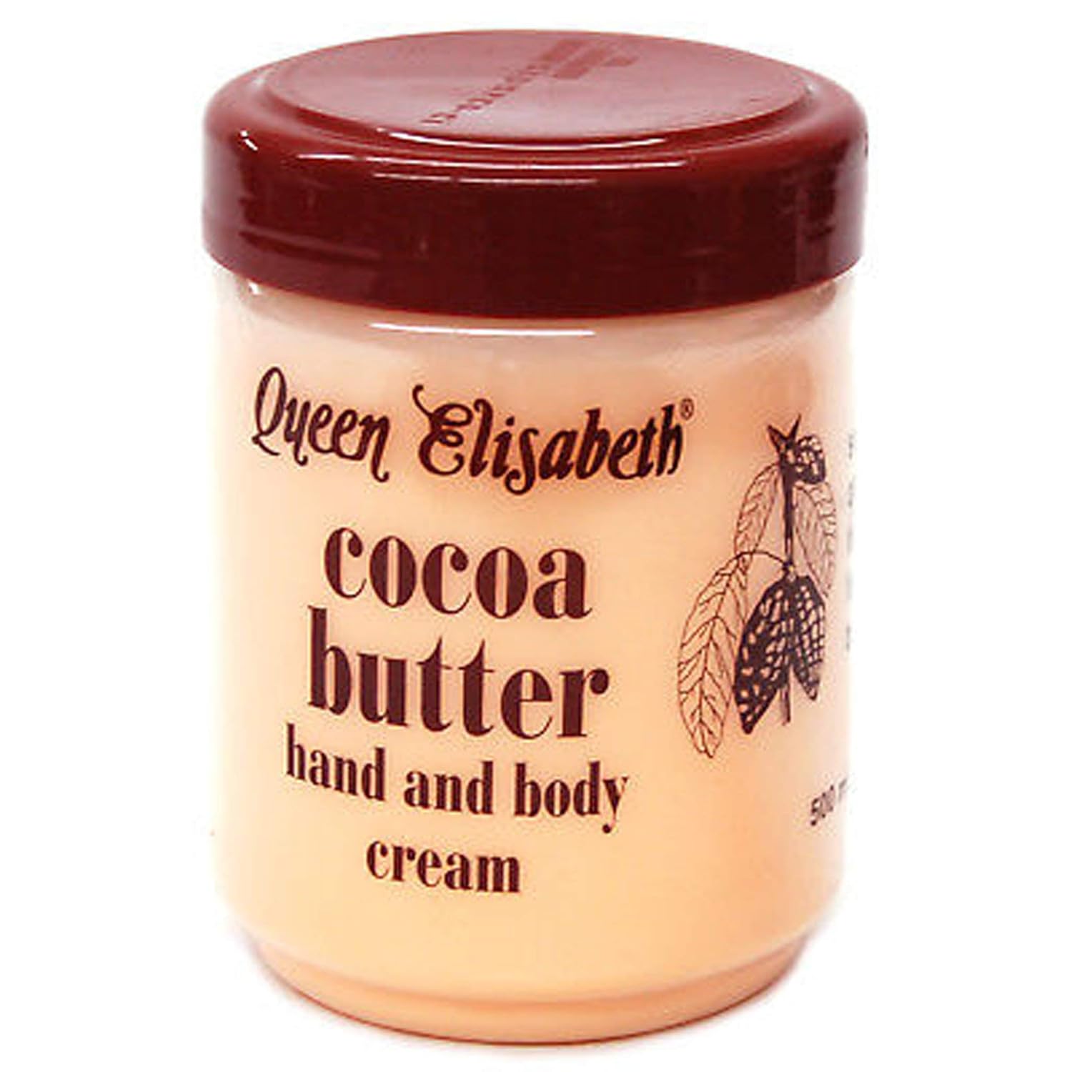 Queen Elisabeth Cocoa Butter Hand and Body Cream 500ml jar with burgundy lid