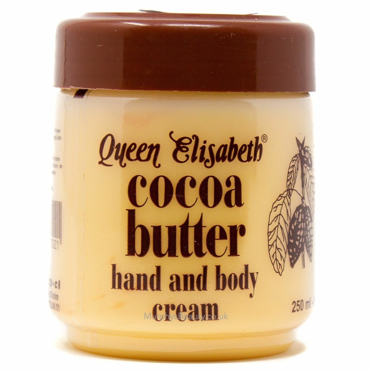 Queen Elisabeth Cocoa Butter Hand and Body Cream 250ml jar with brown lid