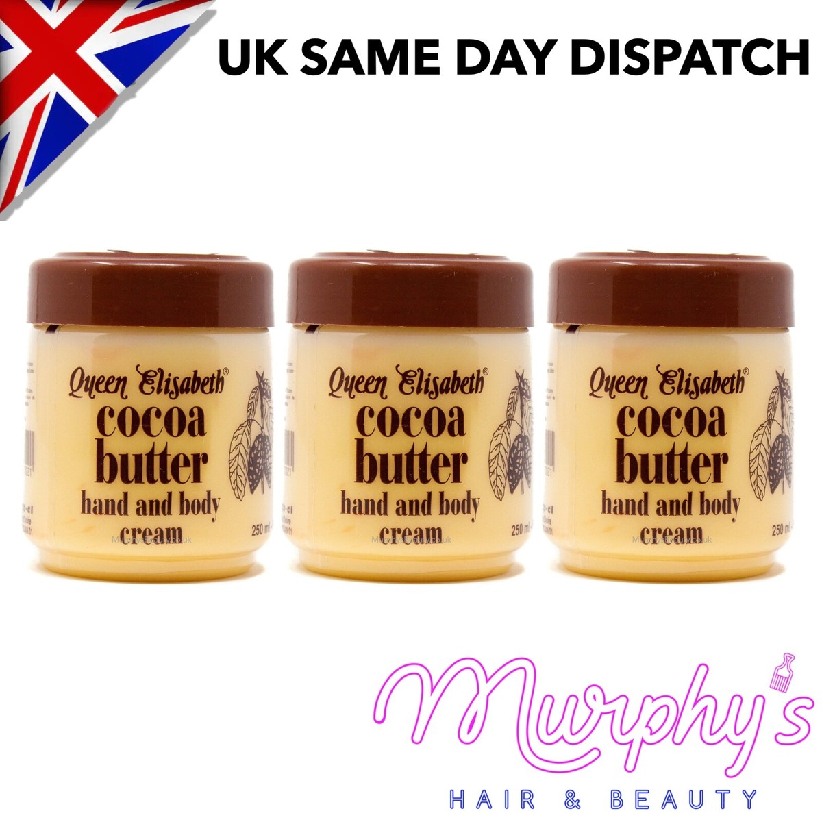 Queen Elisabeth Cocoa Butter Hand and Body Cream 250ml jar with brown lid