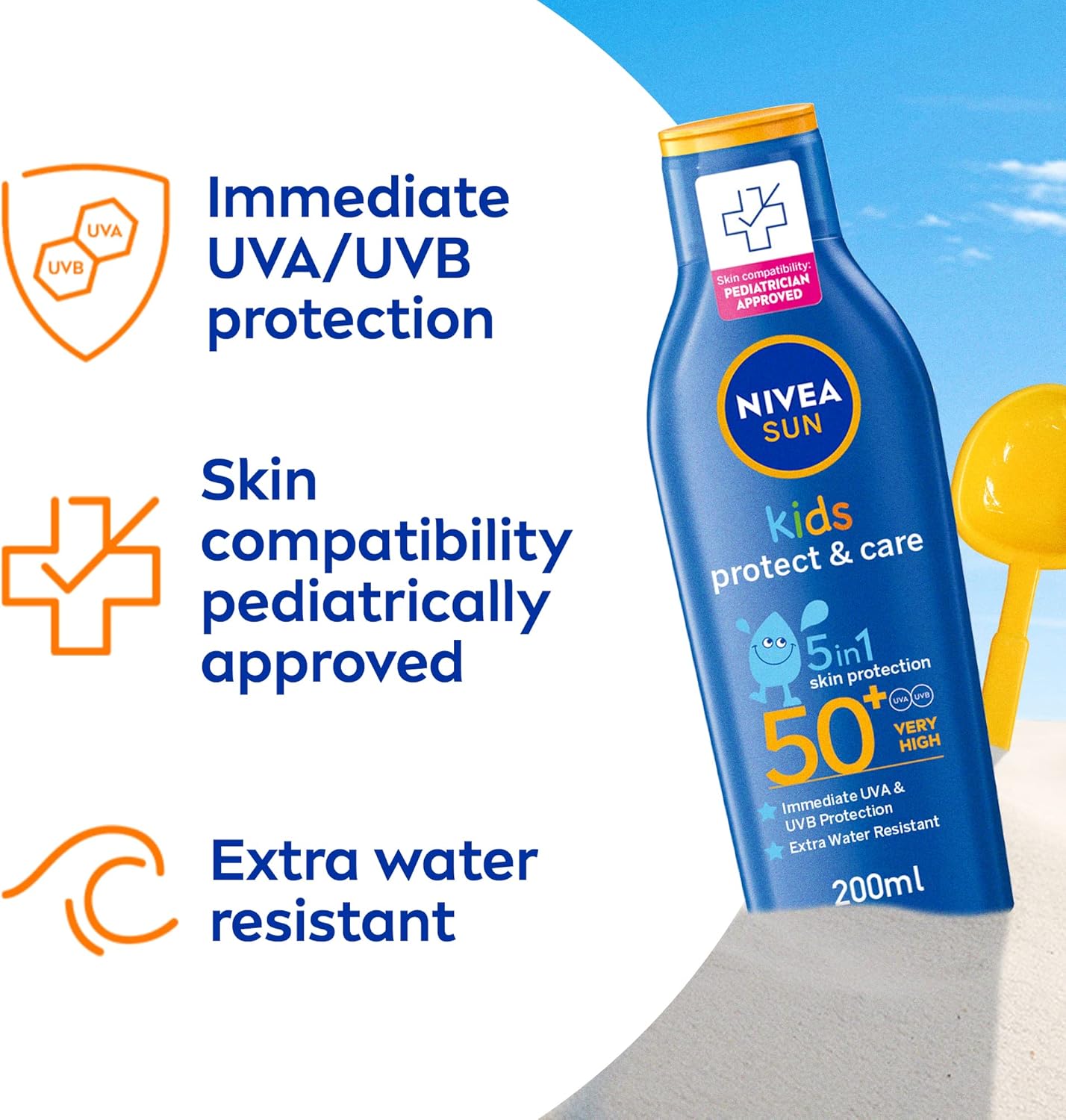 NIVEA SUN Kids Protect & Care blue lotion bottle SPF 50+, 200ml