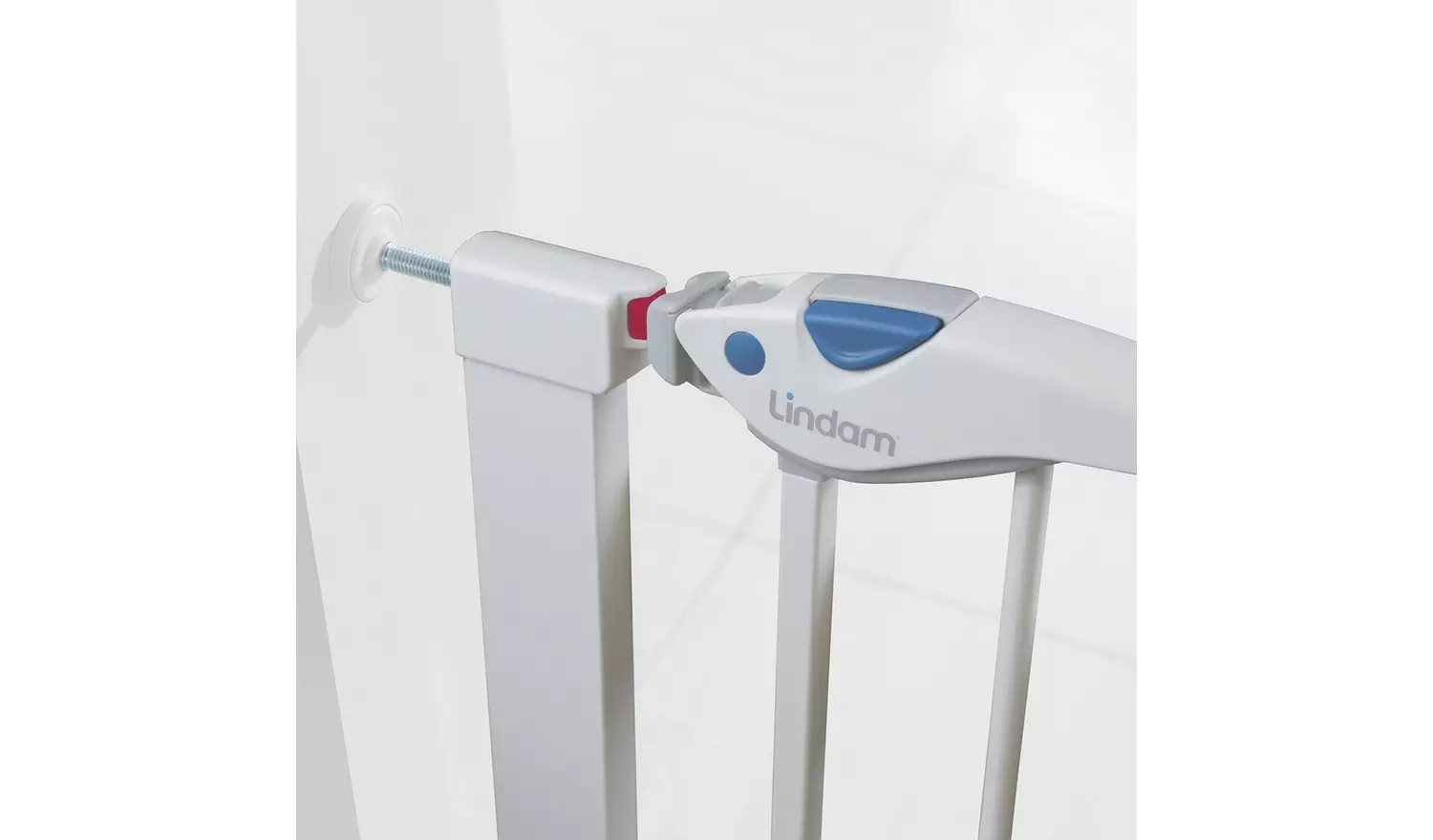 Lindam Easy Fit extra tall safety gate with blue handle and wall mount bracket