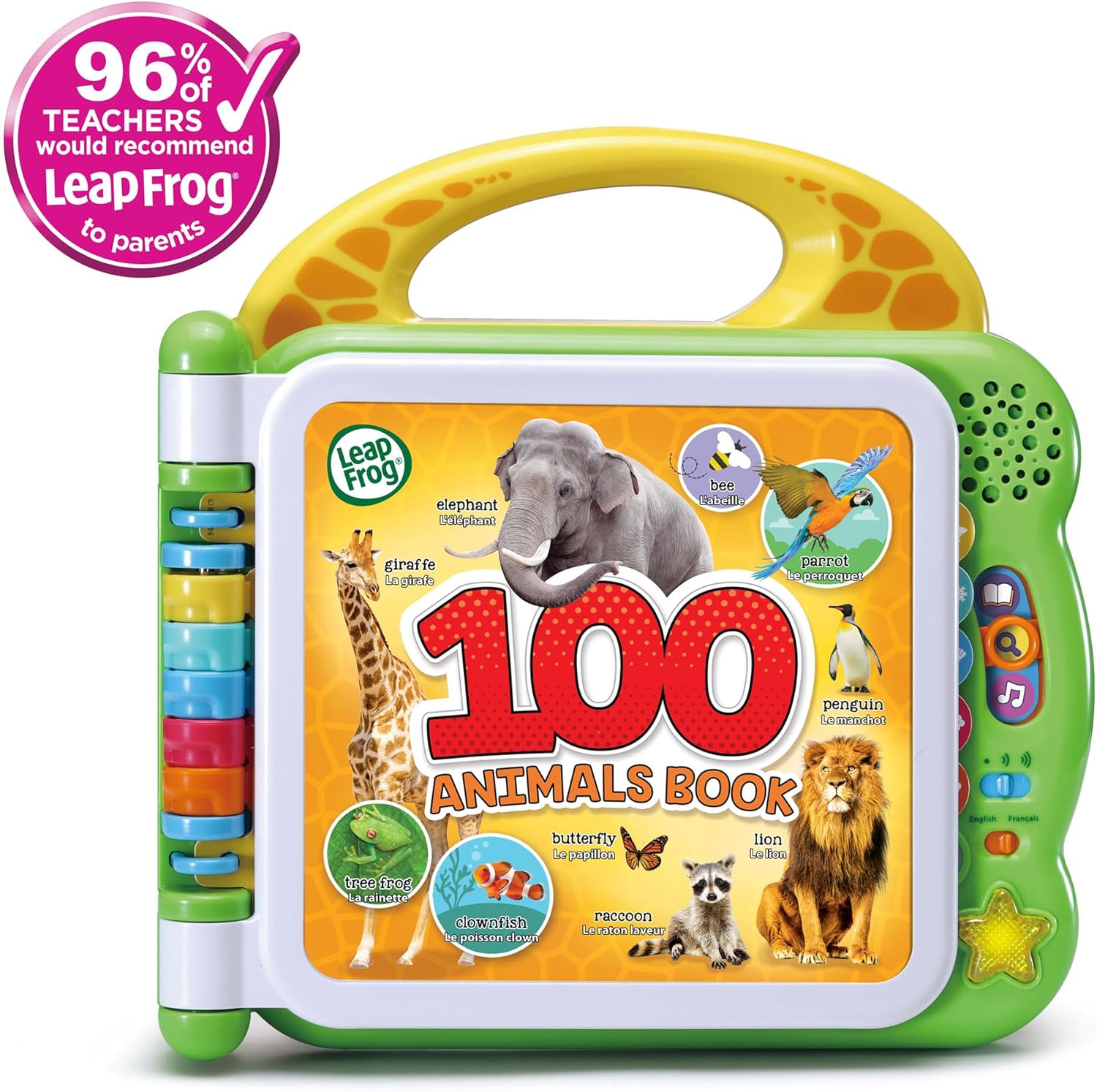 LeapFrog 100 Animals Book interactive learning device with yellow and green handle