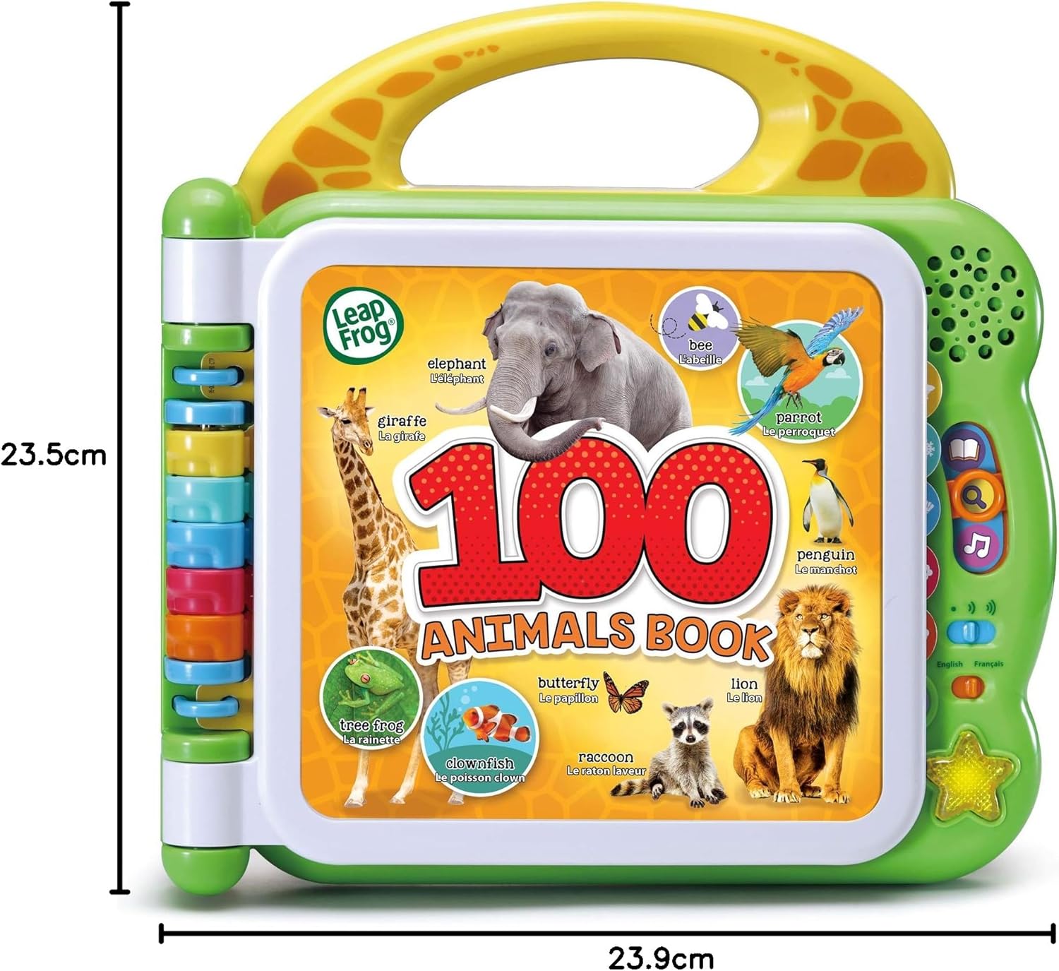 LeapFrog 100 Animals Book with yellow and green handle, interactive learning device
