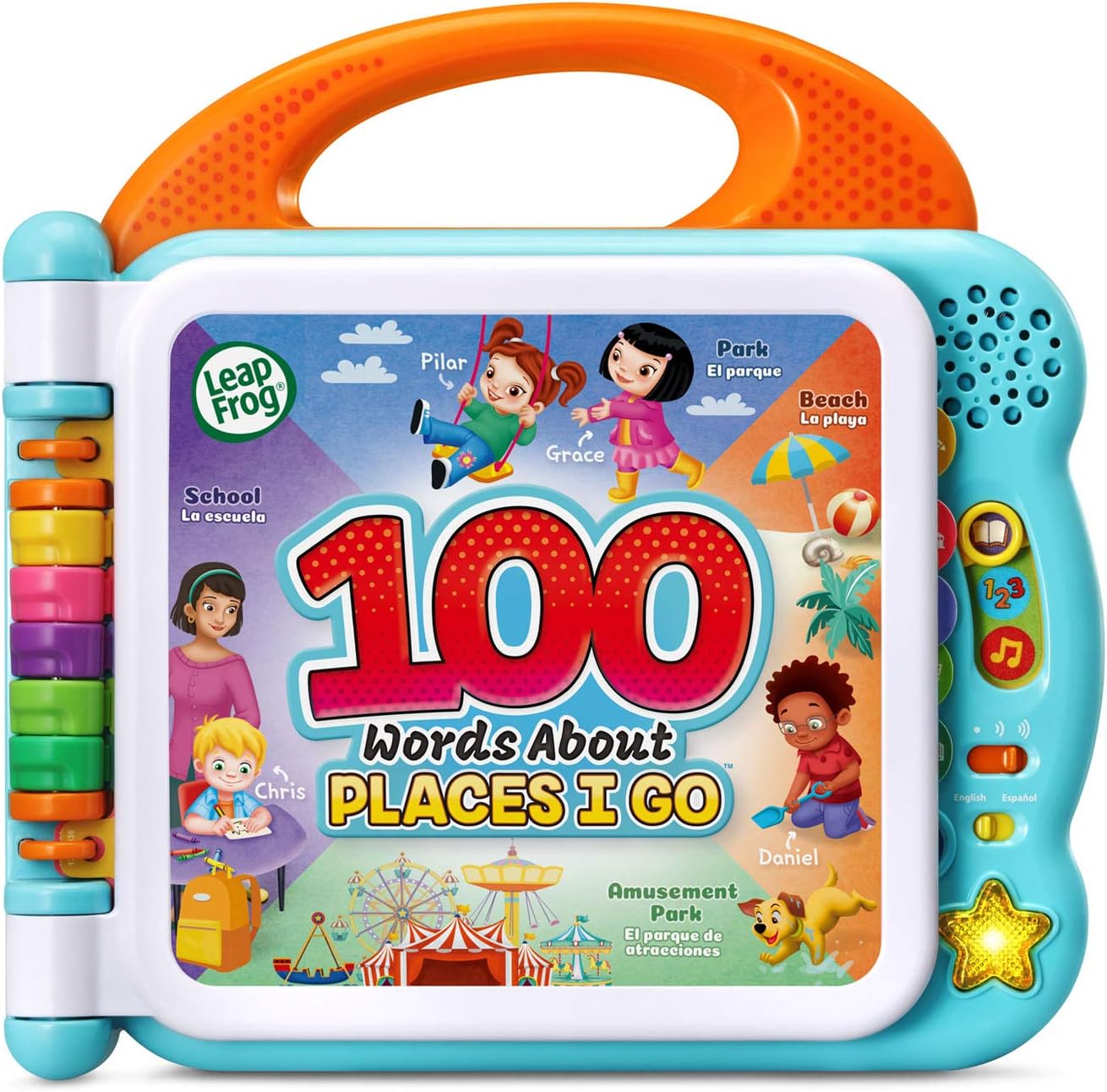 LeapFrog 100 Words About Places I Go interactive learning book with orange handle