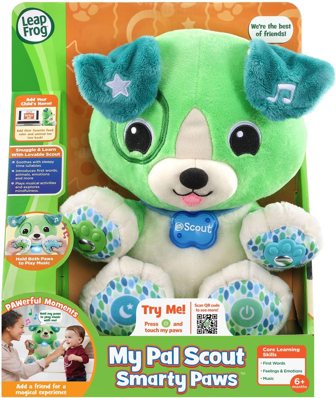 LeapFrog My Pal Scout green plush puppy toy with blue ears and paws