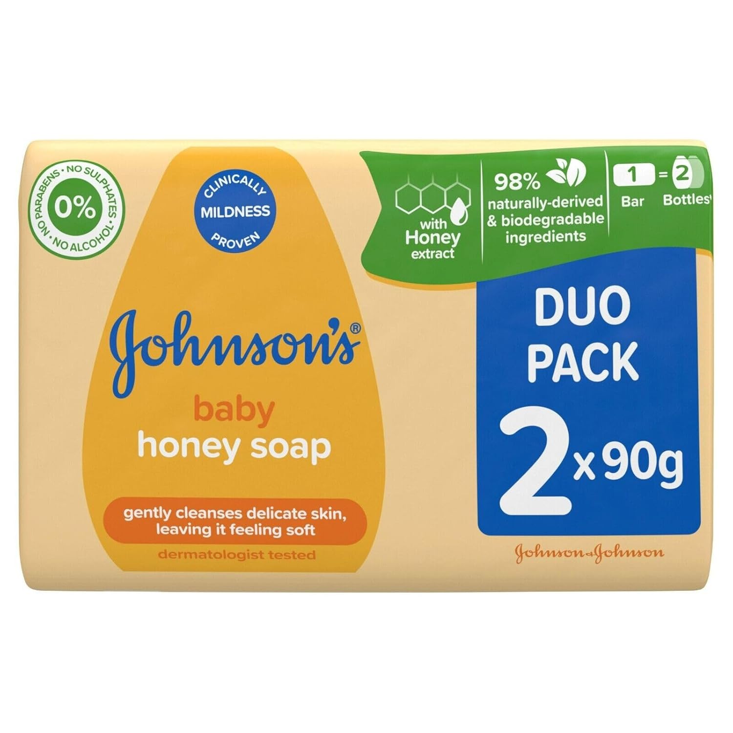 Johnson's Baby Honey Soap duo pack, two 90g bars with honey extract