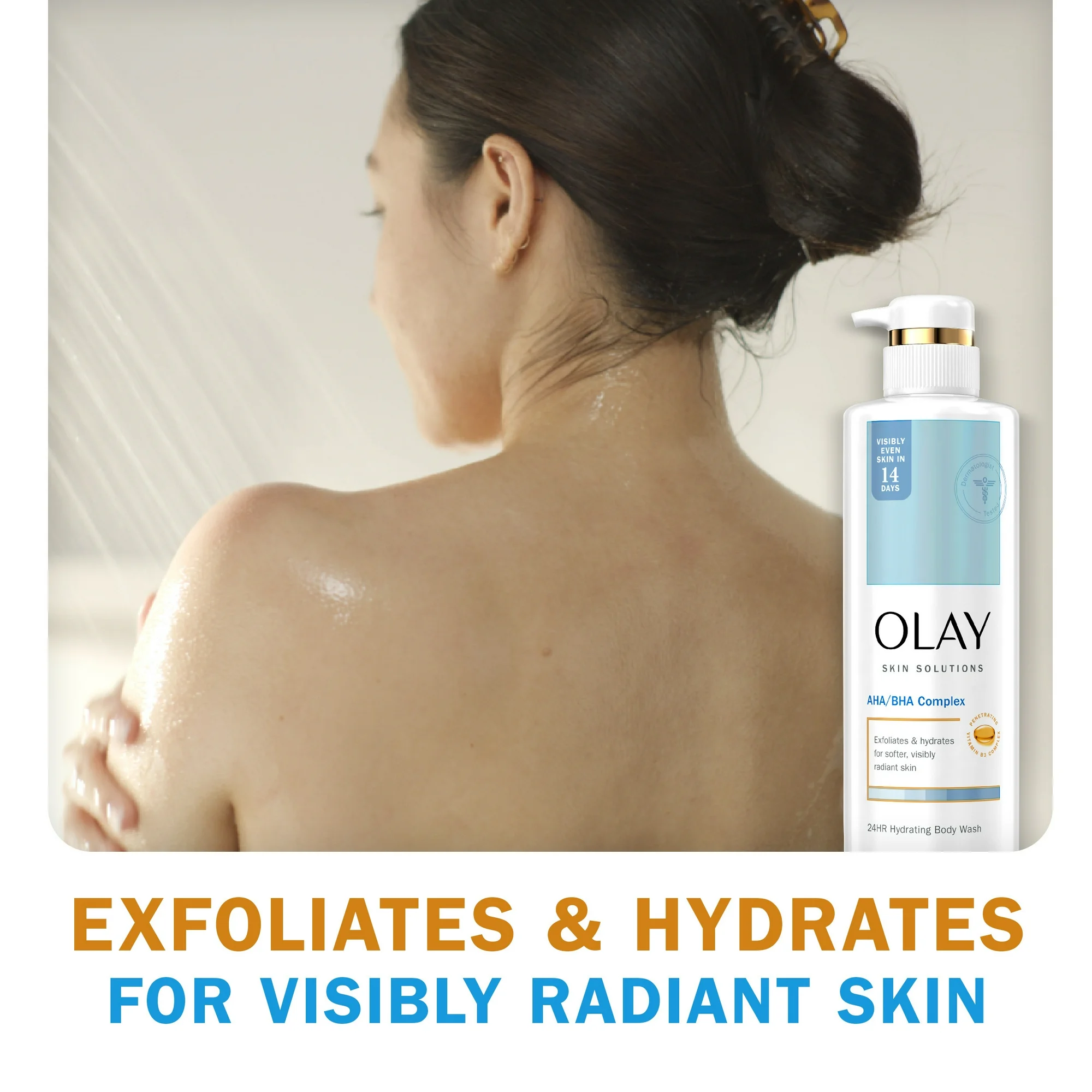 Olay Skin Solutions AHA/BHA Complex body wash 530ml pump bottle white and blue packaging