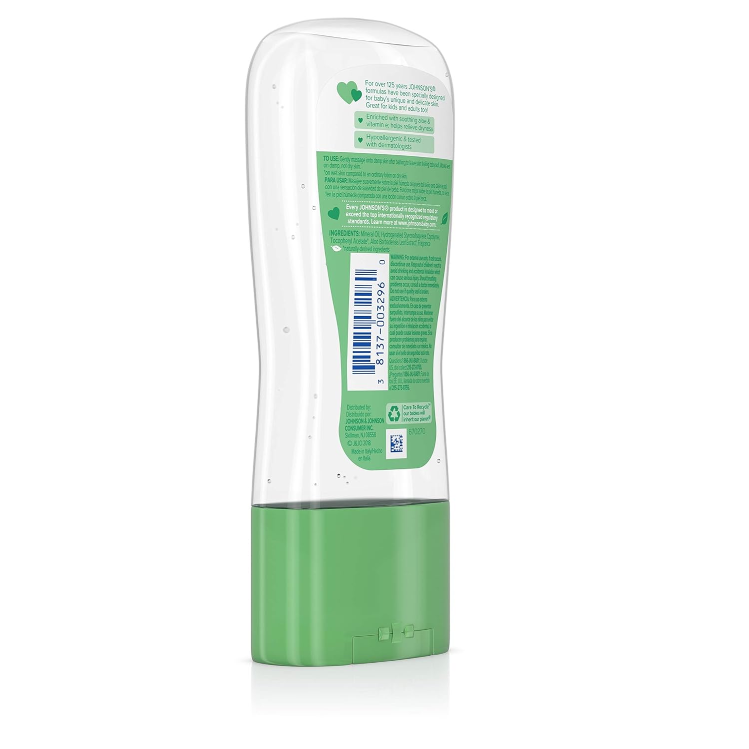 Johnson's Baby Oil Gel with Aloe Vera and Vitamin E moisturiser bottle
