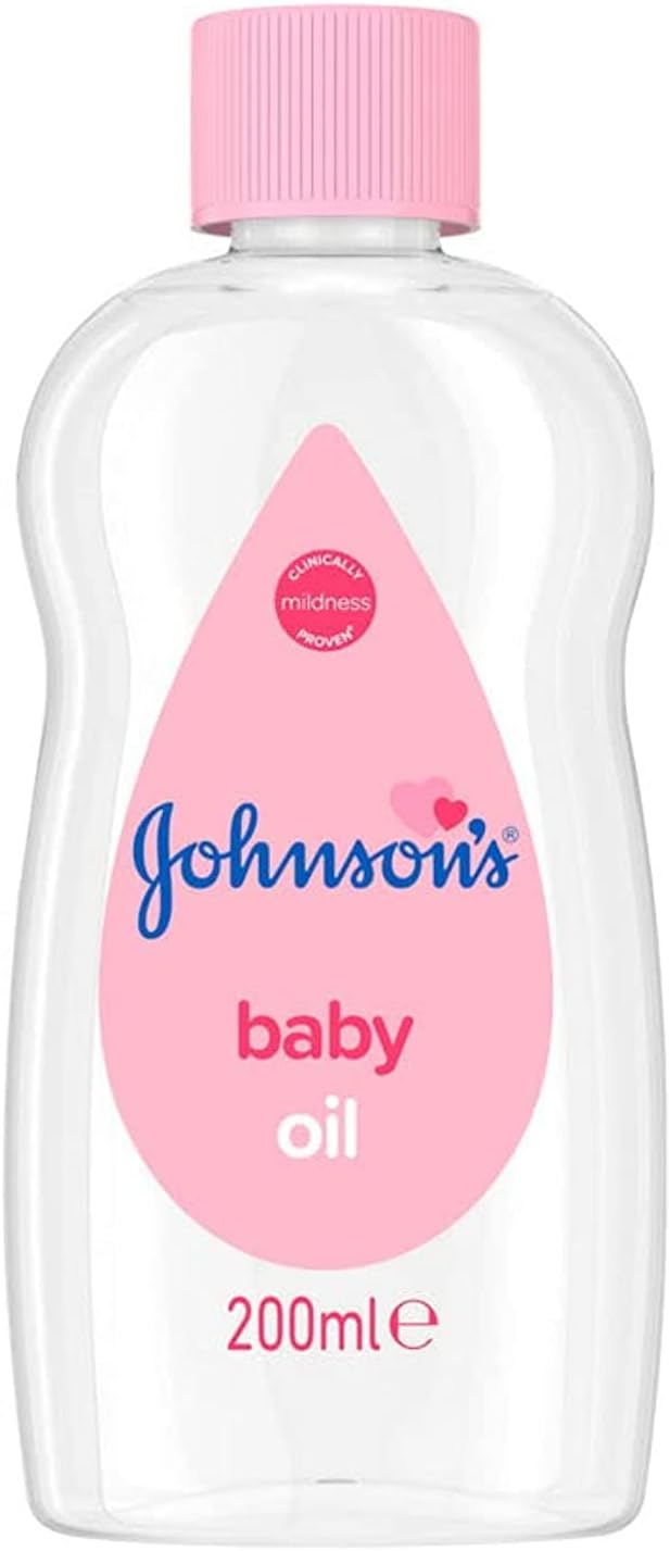 Johnson's Baby Oil 200ml clear bottle with pink cap and label